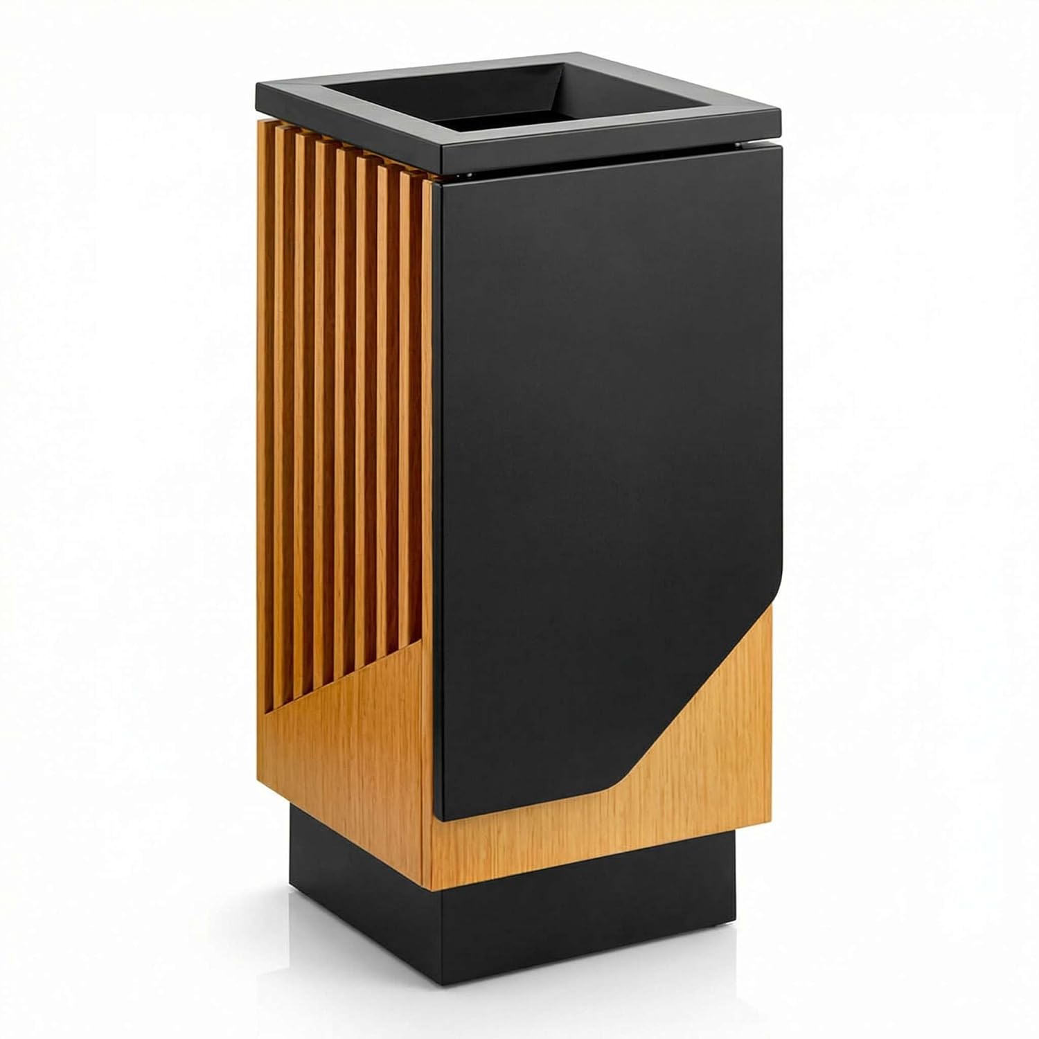 13 Gallon Square Outdoor Trash Can - Decorative Steel and Wood Composite Commercial Waste Receptacle with Hinged Lid and Galvanized Steel Liner for Hotels, Retail Stores, and Entryways
