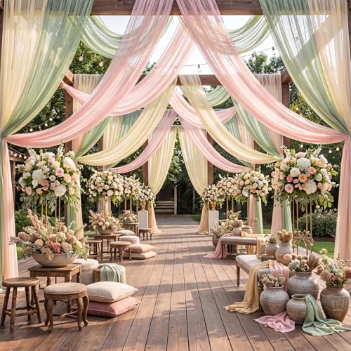Image of Pink Sage Green Party Decoration Draping Fabric 3 Panels 2.46 x 20ft Sheer Chiffon Backdrop in Pink, Green, and Champagne for Wedding Arch Ceremony, Birthday, Bridal Shower Party Decoration