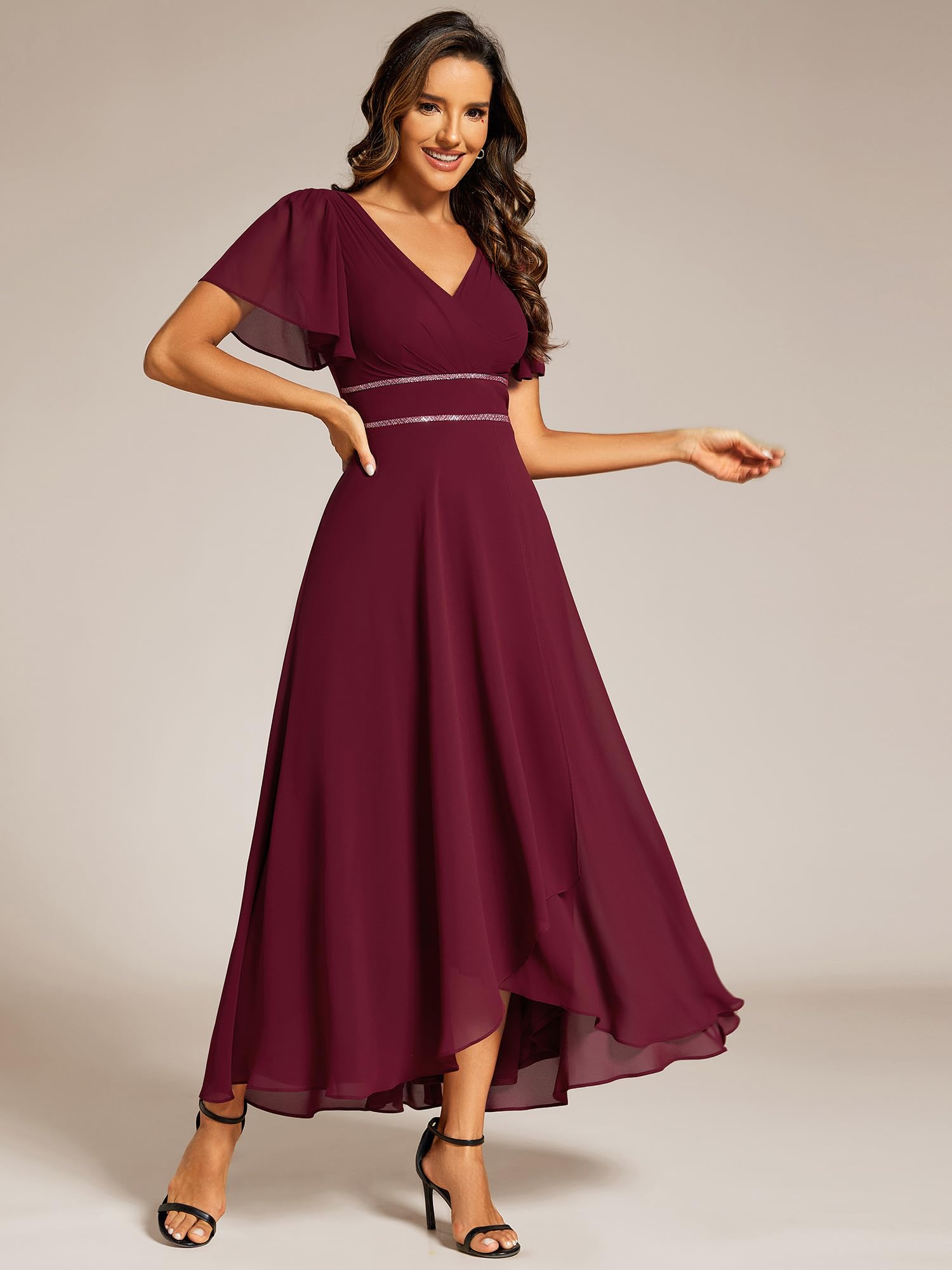 Ever-Pretty Vestido de Noche para Mujer Largo Gasa Mangas con Volantes Cuello en V para Ceremonia EE41981-P