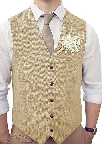 Teukuire Men's V-Neck Suit Vests Slim Fit Casual Business Formal Herringbone Tweed Wool Waistcoat Wedding Groomsmen Suit Vest Champagne L #TOP25