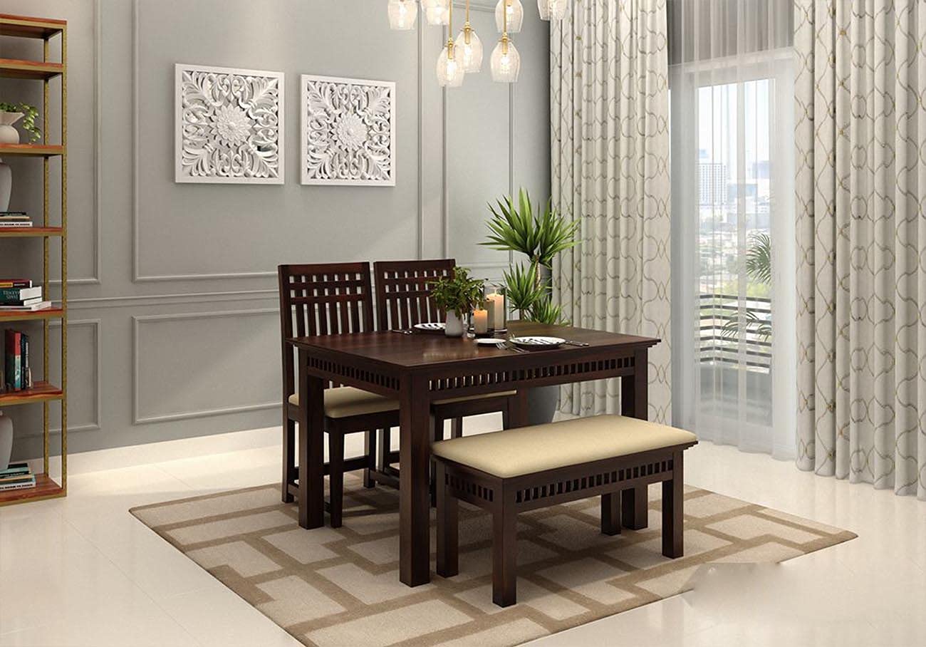 Krishna Wood Decor Dining Table 4 Seater Set with Chairs | Dining Table Sets | Wooden 4 Seater Dining Table | with 2 Chairs 1 Bench | Dining Room Set Furniture Sheesham Wood | Walnut Finish-image-12