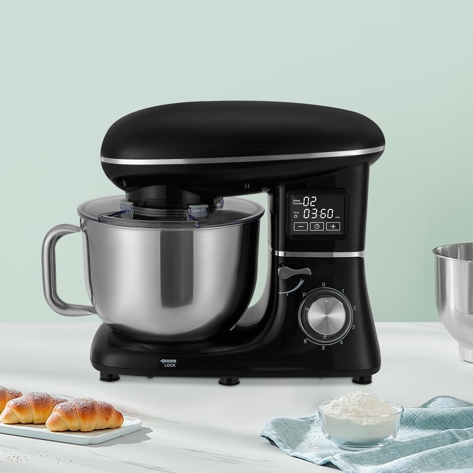 Maszyna kuchenna, maszyna do ugniatania, mikser stojący 1500 W, z miską ze stali nierdzewnej 6,15 l, ciasto na chleb, śmietana, timer, wyświetlacz LCD, antypoślizgowa, kompaktowa, mała kuchnia, dla