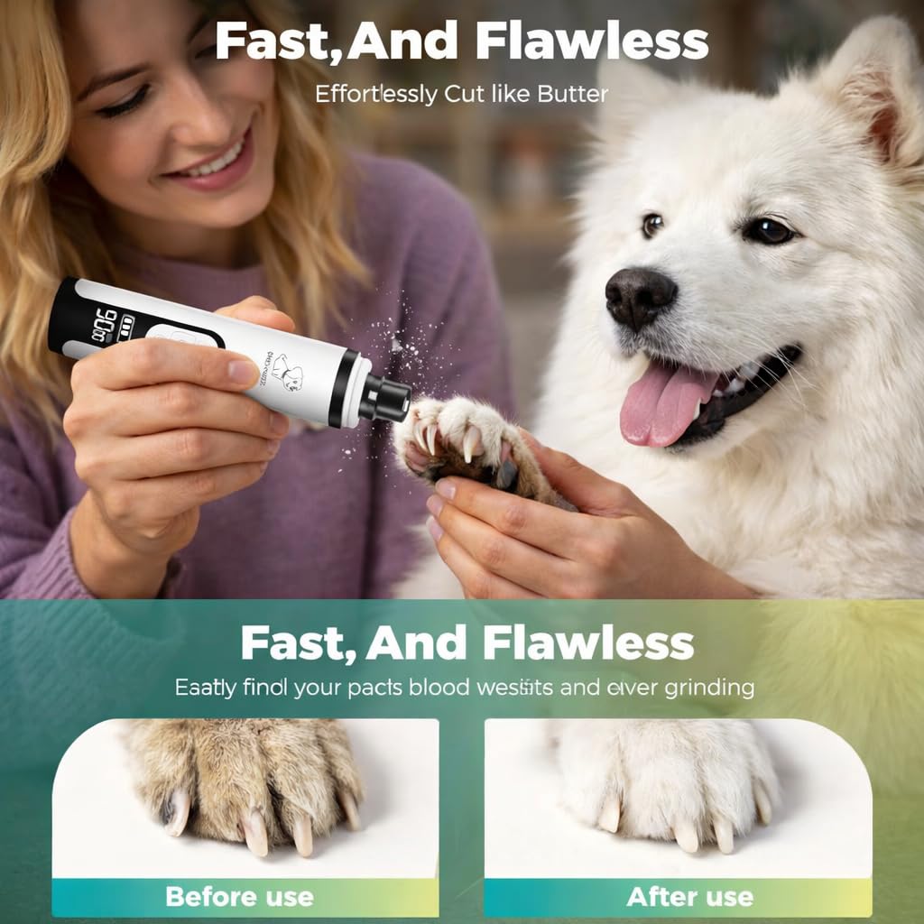 Professional Dog Nail Grinder with LED Quick Sensor Light & LCD Screen, 3-Speed, Corded/Cordless, 8Hr Runtime, Quiet Electric Pet Nail Trimmer Kit w/Clippers, 2000mAh Rechargeable for Dogs & Cats - image 6