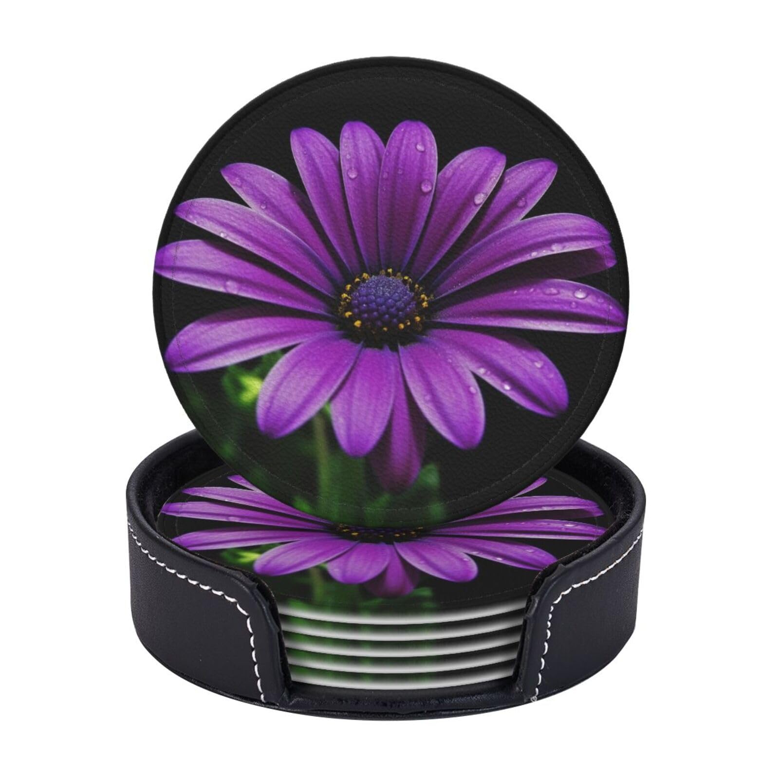 6PCS Drink Coasters with Holder, 4" Leather Coasters for Drinks, Purple Daisy Cup Coasters for Coffee Table Decor, Non-Slip Drinking Cup Mat for Hot or Cold Drink