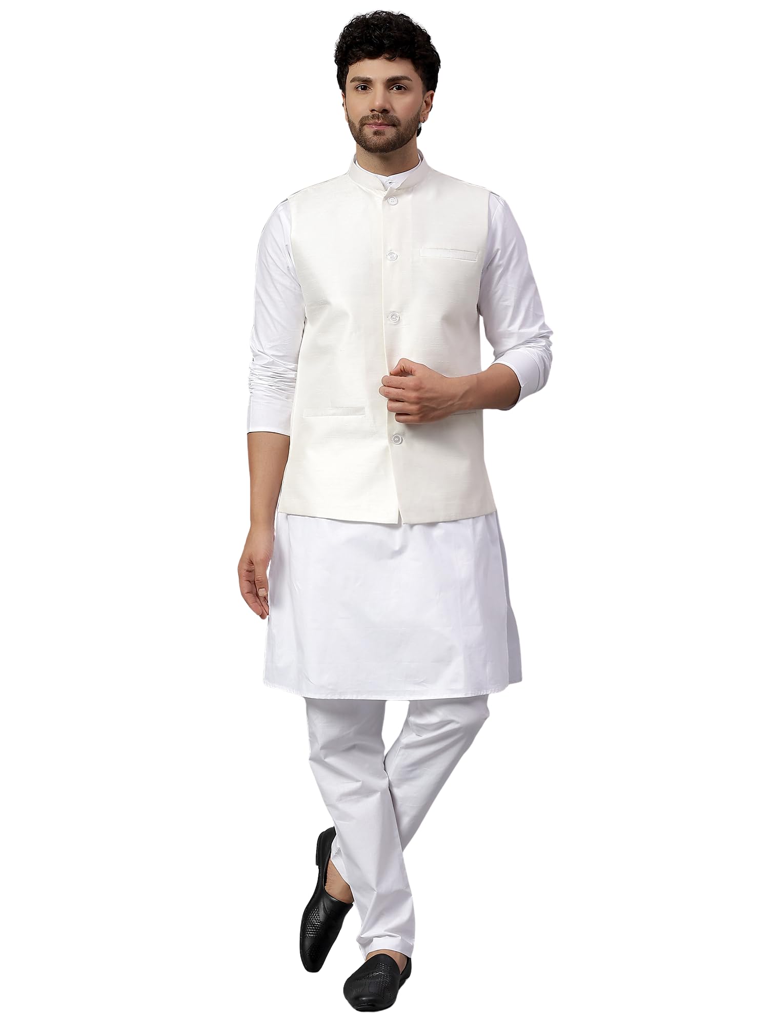 latest chikan Men's Ethnic Nehru Jacket Set – Solid Color Sleeveless Silk Blend Waistcoat with White Cotton Kurta and Pajama | Festive-Wedding-Wear-picture-25