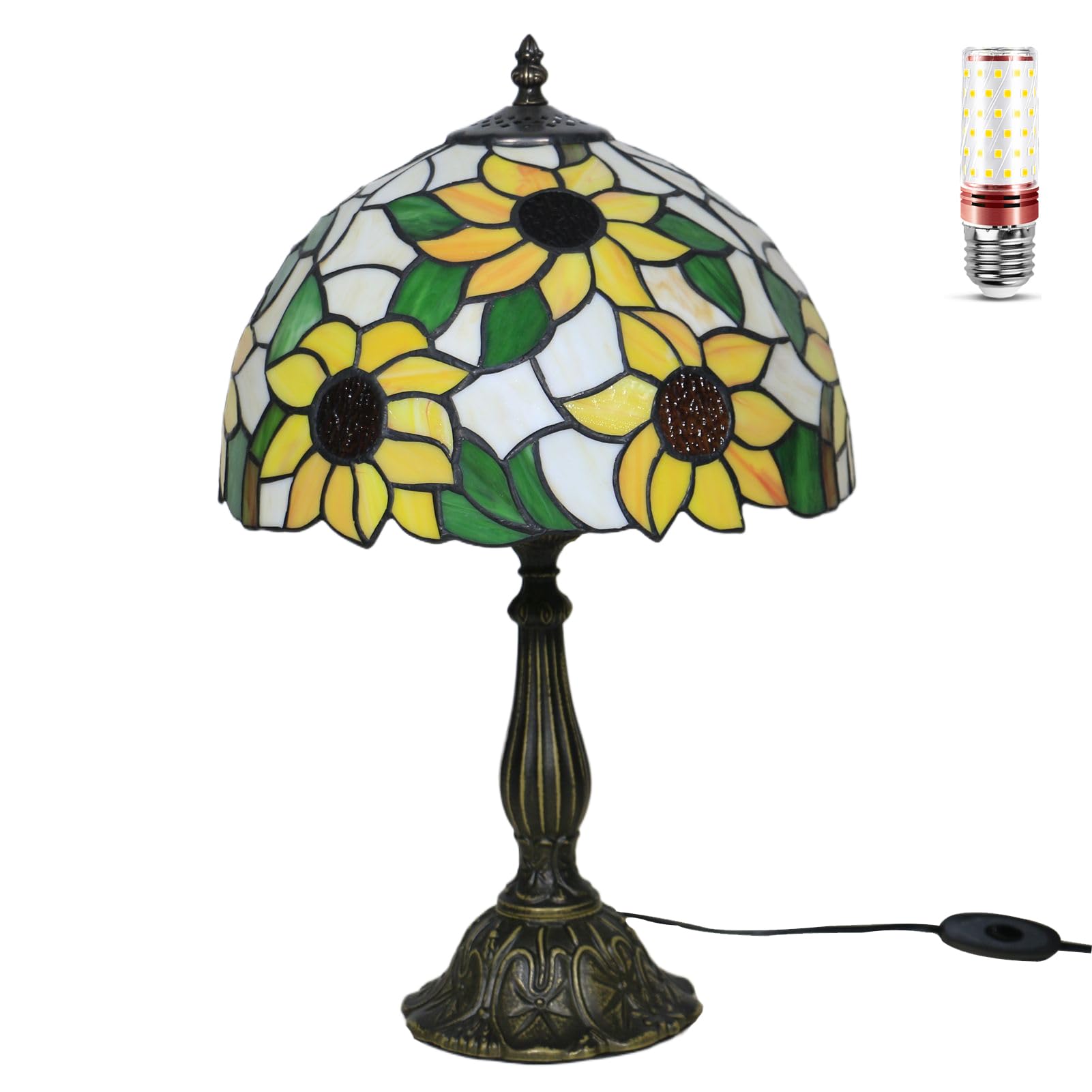 Vintage Tiffany Style Table Lamps - W12 H19 inch Rose/tulips/sunflowers Stained Glass lampshade for Living Room, Bedside, Bedroom, Lounge, Hotel, E27 Reading Desk Light, Night Light,Sunflower