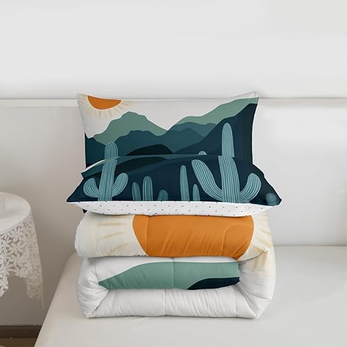 Miniatura 7 de Erosebridal Juego de ropa de cama de mediados de siglo, tamaño King, bohemio, atardecer, diseño de cactus verde, juego de ropa de cama de acuarela y