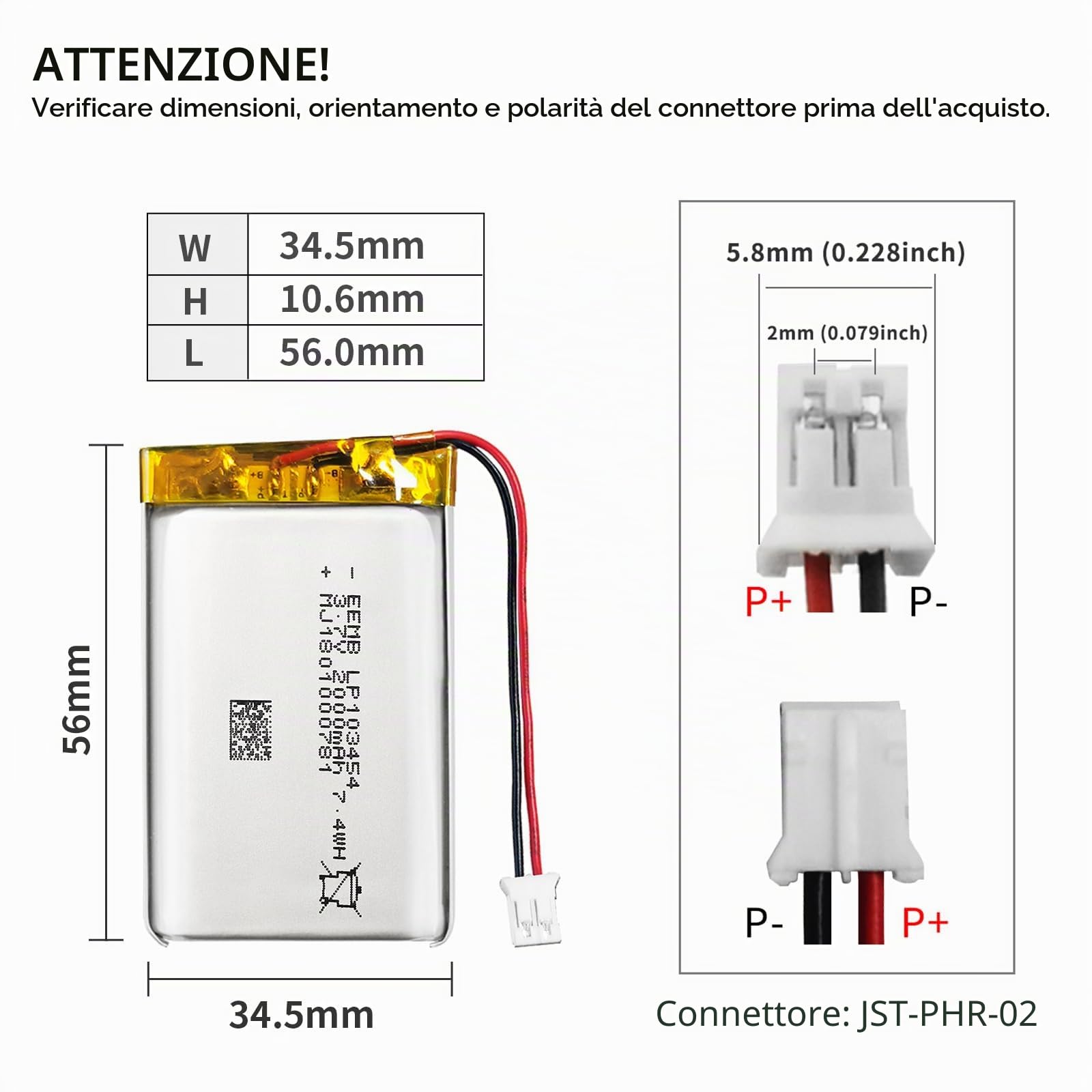 EEMB 3.7V 2000mAh 103454 Lipo Batteria ricaricabile agli ioni di polimero di litio con connettore JST-Assicurarsi che la polarità del dispositivo corrisponda alla batteria prima dell'acquisto!!!