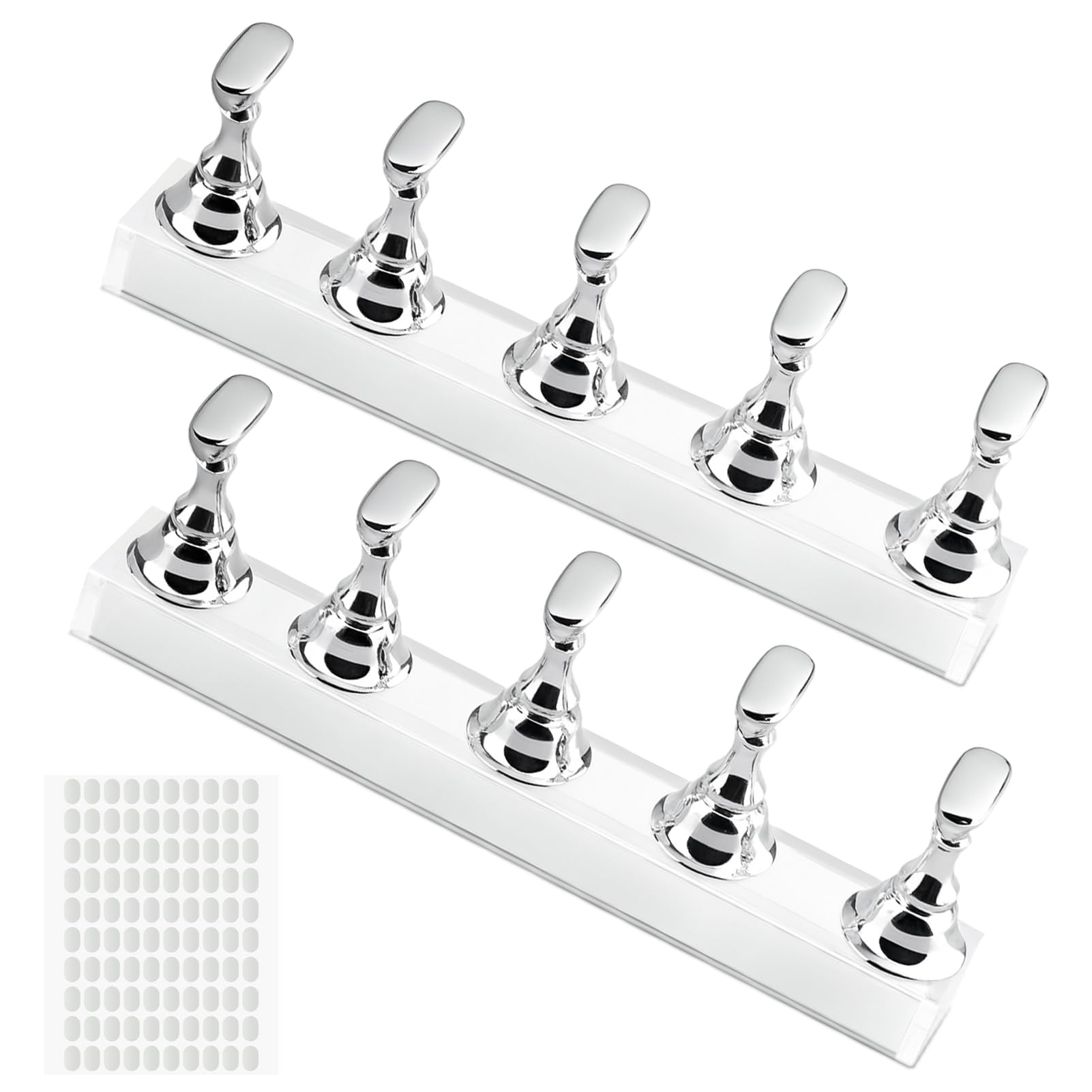 2Pcs Supports Magnétiques pour Faux Ongles, Presentoir à Ongles Capsules avec Base Acrylique et 100 Autocollants, Support Nail Art Magnétique (Argent)
