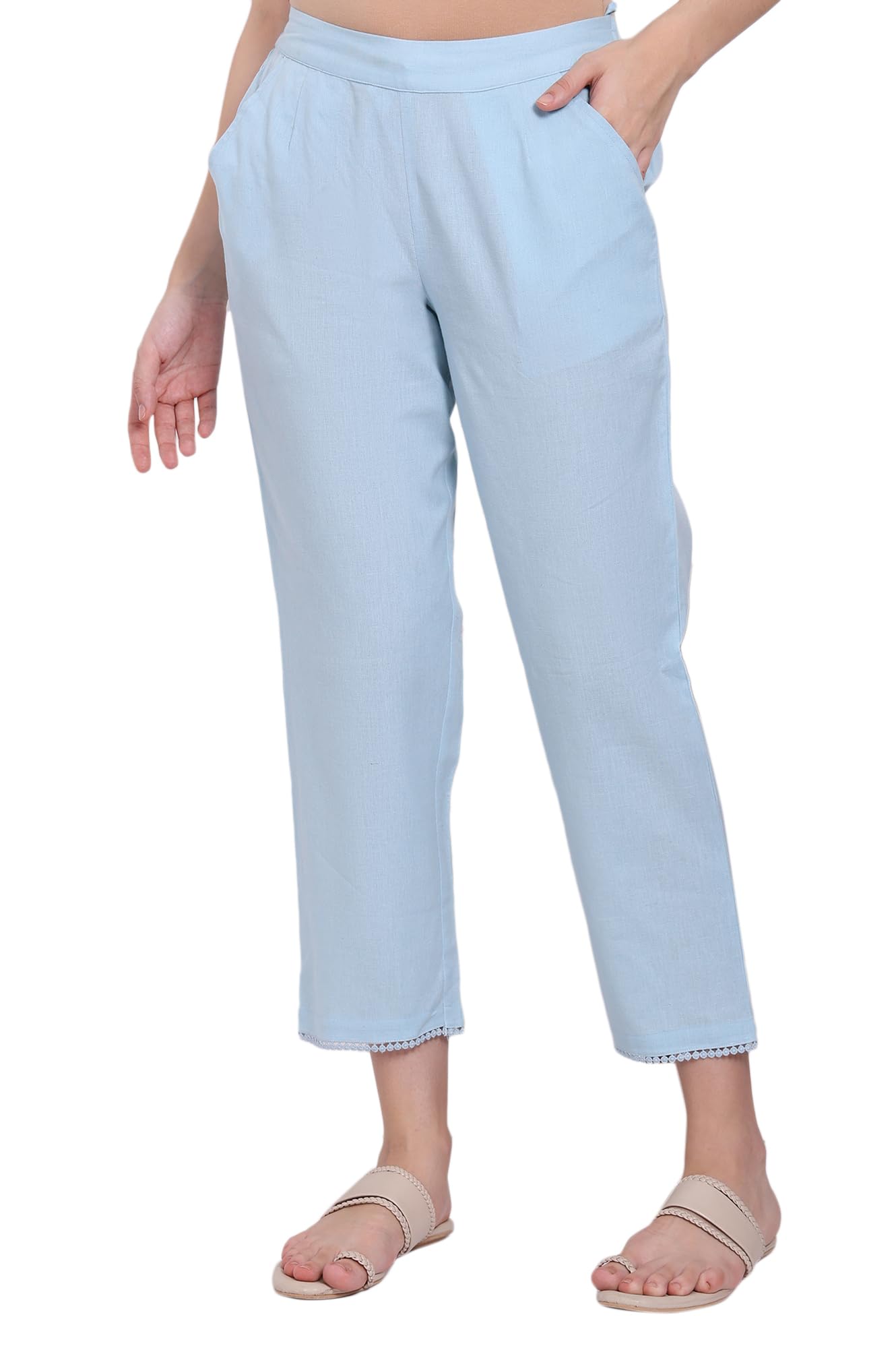 w for woman Blue Solid Cotton Flax Straight Pants with Lace-picture-12