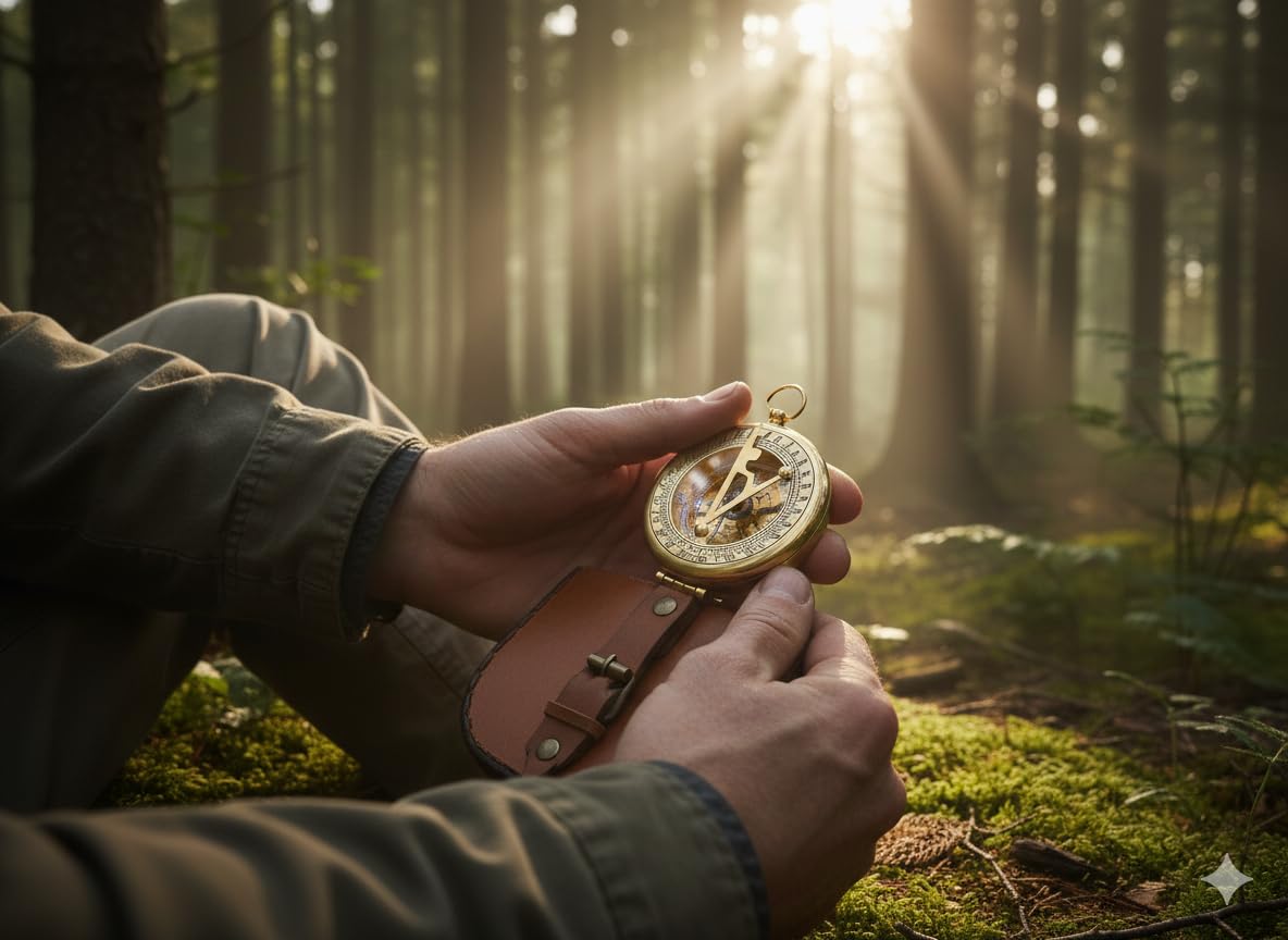 Boussole à cadran solaire finition laiton avec étui en cuir et chaîne – Boussole à ouverture par pression – Accessoire steampunk – Beau cadeau fait à la main – Horloge à cadran solaire
