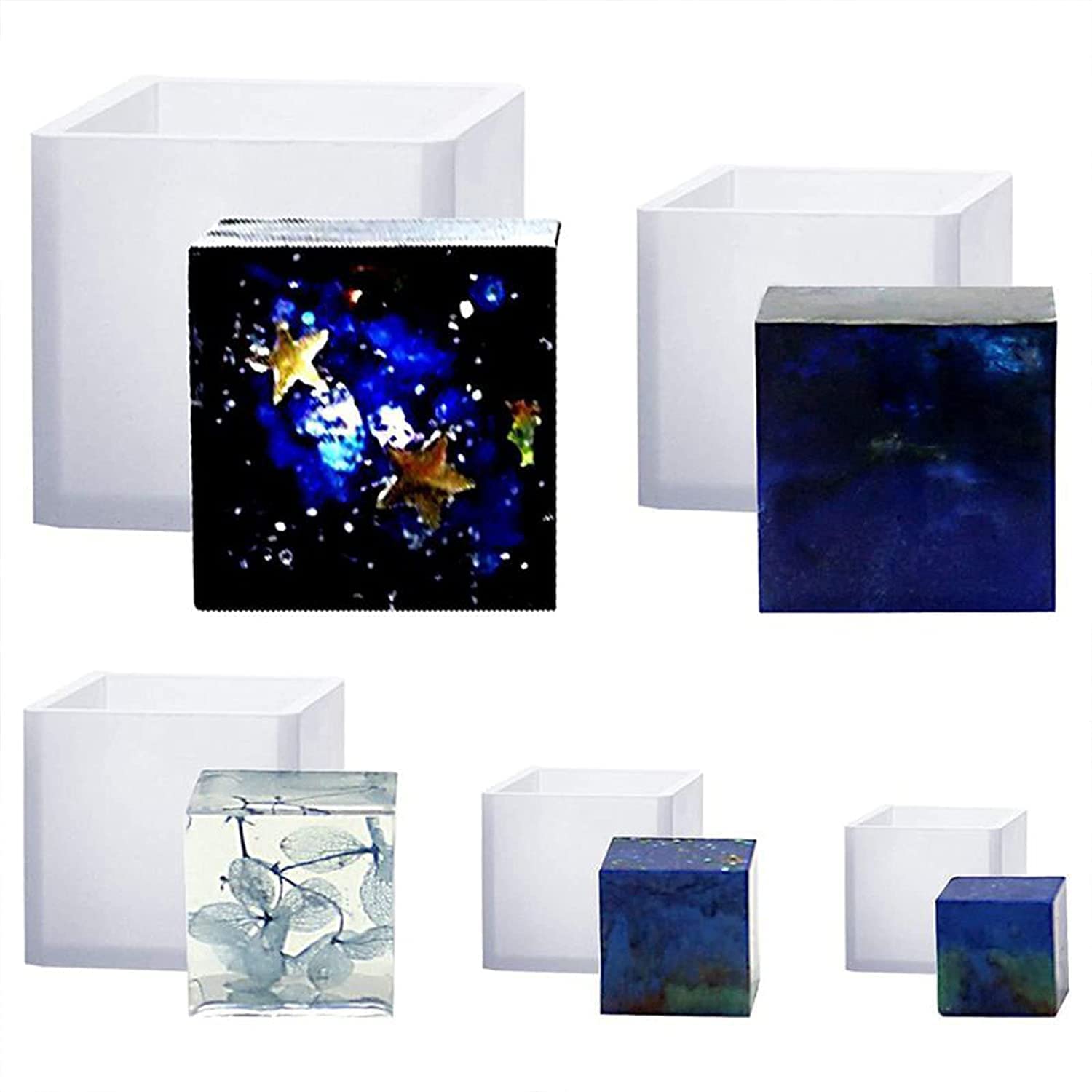 KIRA Box Square Resin Mold Silicone Mould: 5PCS Cube Resin Mould 5 Differet Sizes Art DIY Jewelry Keychain Making Kit Candle Box Decorative Craft Epoxy Casting Mould Set-(3)-image-33