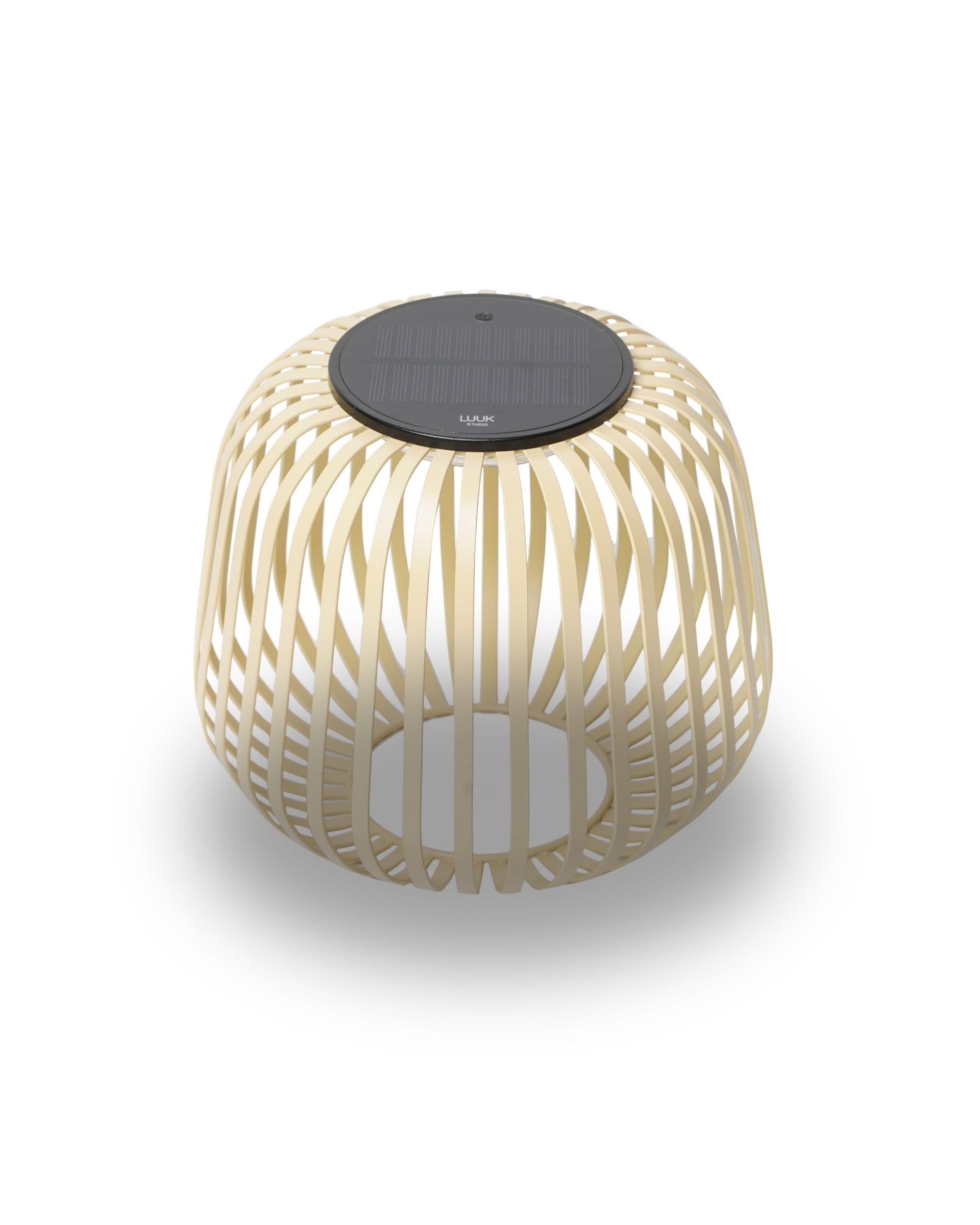 LUUK Studio Moderne Solarlampe für Garten, Balkon oder Terrasse, warmweißes Licht & dimmbare Helligkeit, Tischleuchte aus Metall mit herausnehmbarem Solarmodul, dekoratives Windlicht, Sand Braun