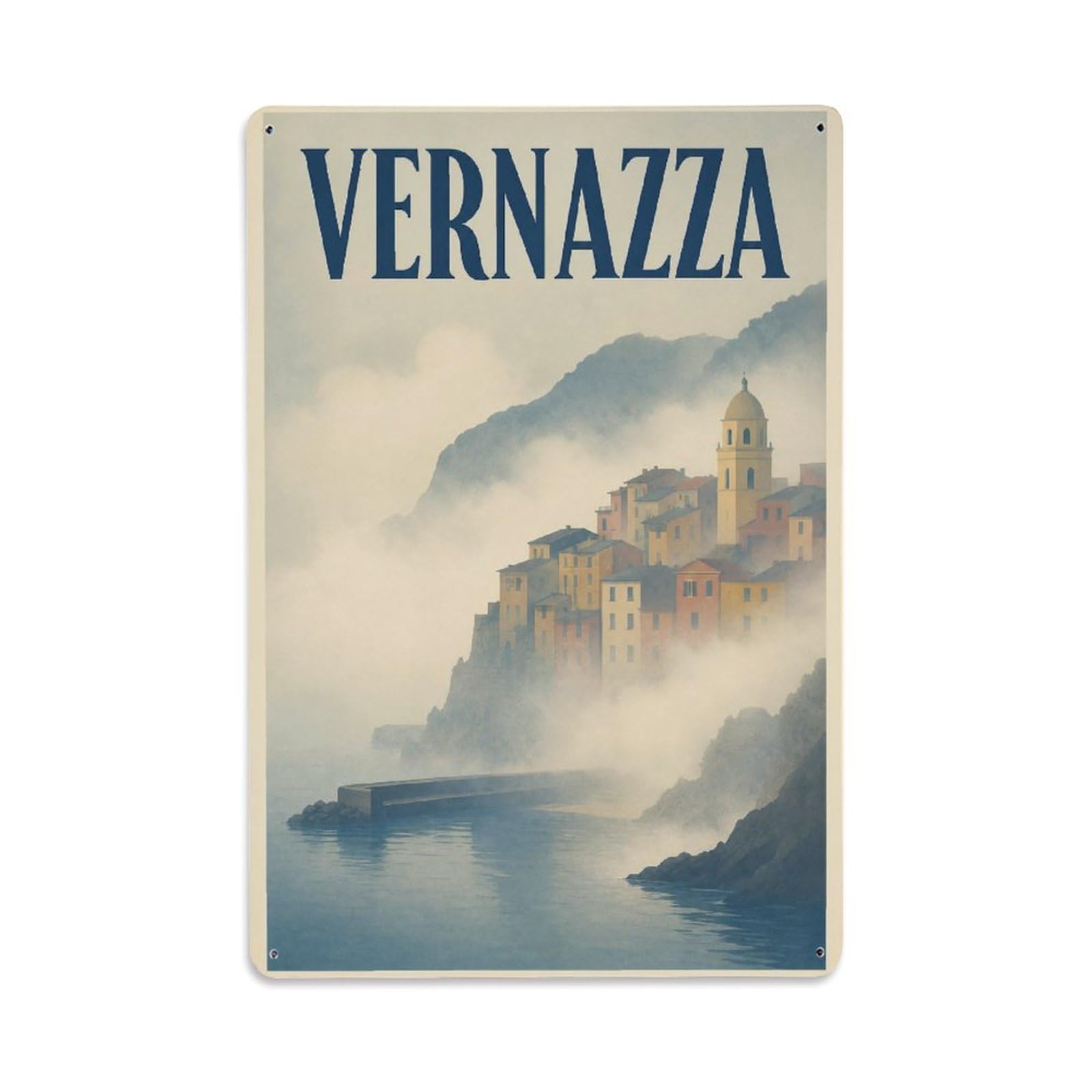 Huiyhb 8X12inch(20X30cm) Vintage Travel Vernazza Fog Misty Morning Atmospheric Italy Metal Tin Sign