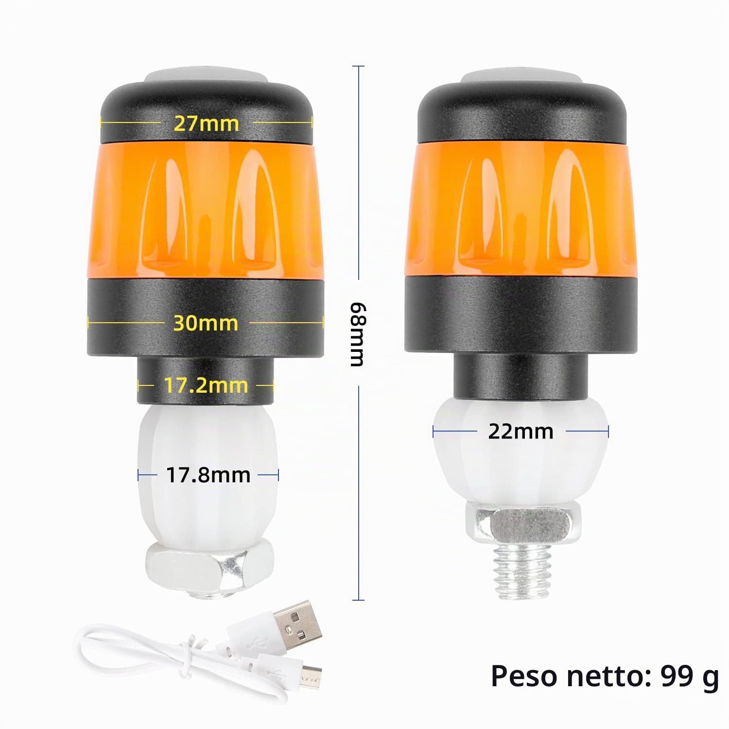 Indicatore LED per manubrio, impermeabile, per monopattino elettrico, per indicatori di direzione Xiaomi, ricaricabile, per accessori Segway Ninebot per scooter (Nero/Arancio)
