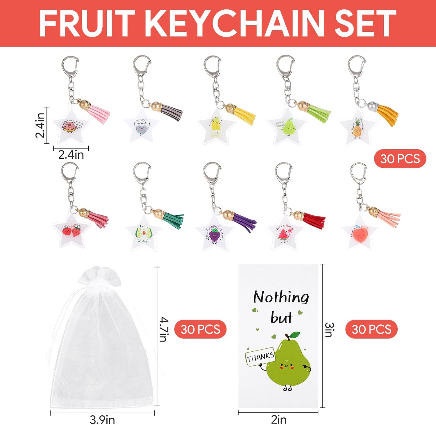 30 Sets Acrylic Fruit Keychains, Employee Appreciation Gift Keychains with Card and Pouches, Thank You Gifts Bulk image 3