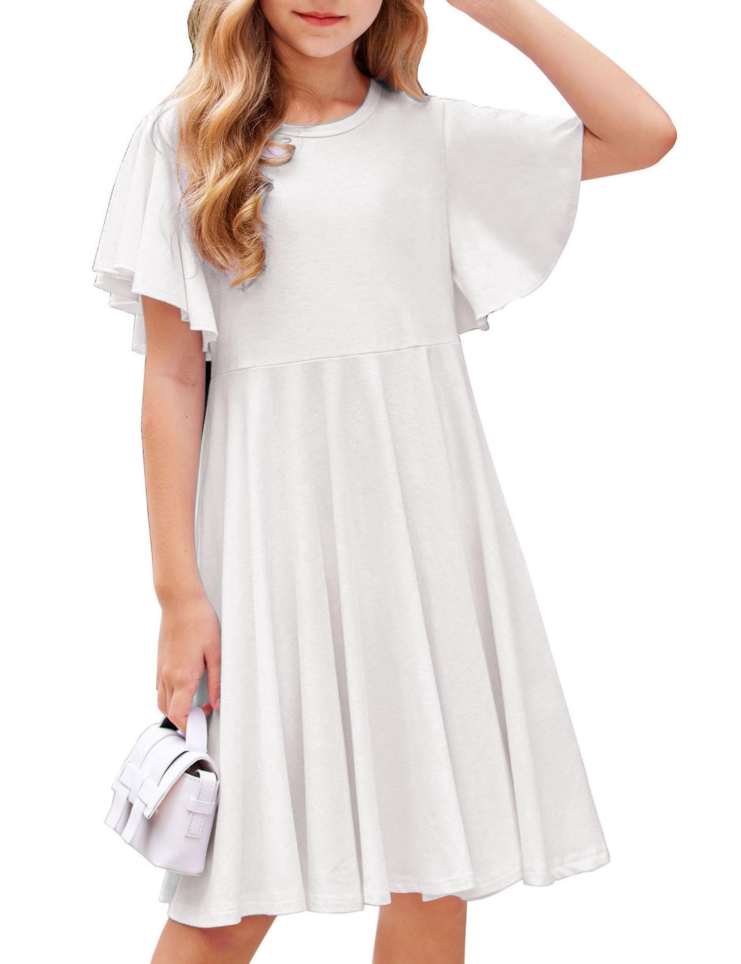 Arshiner Vestidos para Niñas Vestido con Mangas de Mariposa Cuello Redondo Vestido de Verano Vestido de Algodón Vestido de Fiesta Boda Informal Ropa Infantil con Bolsillo 5-13 Años