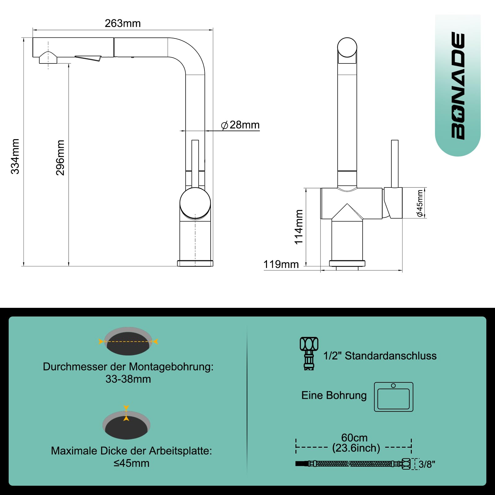 BONADE Niederdruck Armatur Küche, 360° Drehbar Spültischarmatur mit 3 anschluessen für Boiler, Wasserhahn Küche Ausziehbare Brause mit 2 Strahlarten, Edelstahl Mischbatterie Wasserhahn Küche Schwarz