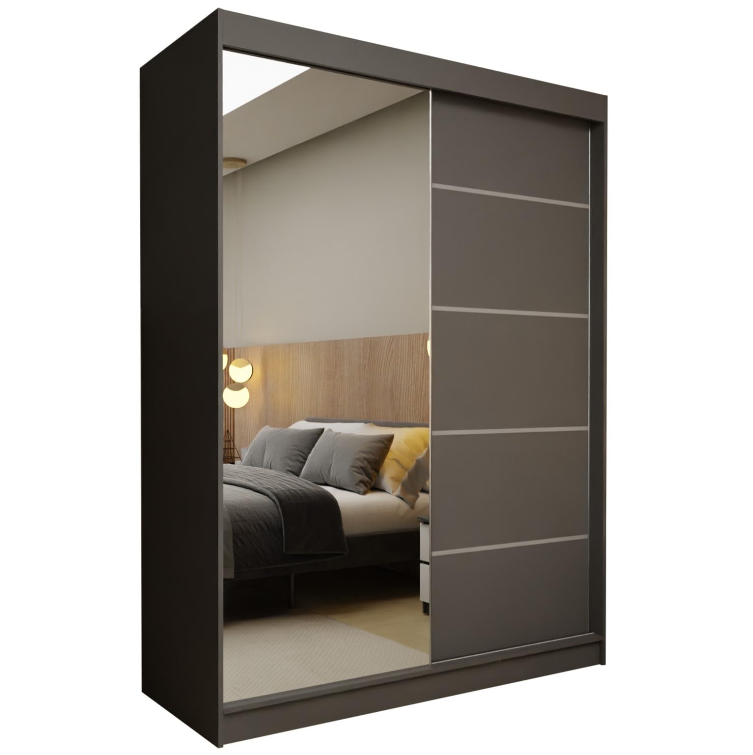 Kleiderschrank Samantha 150cm, Schwebetürenschrank mit Spiegel und Sprossen, Schlafzimmerschrank, Garderobenschrank, Kleiderstange, Regalfächer, moderner Mehrzweckschrank, grau