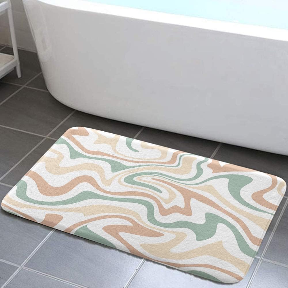 Aesthetic 70S Abstract Wavy Swirl Bath Rugs, Cute Sage
