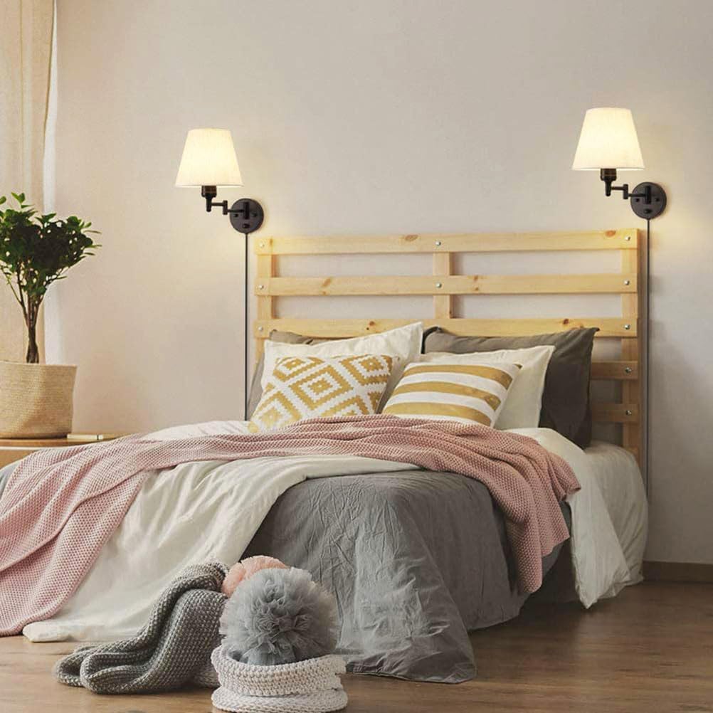 AoLa Wandleuchte Schwarz Metall Vintage Einstellbar Schwenkarm Wandlampe mit Schalter, 1,6 m Kabel mit Stecker, Stoff Schirm, E27 Bettlampe Wand-Leselampe für Wohnzimmer Schlafzimmer Flur,1 Pack