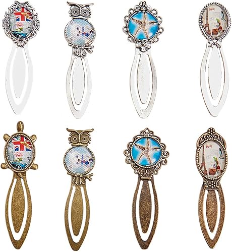 SUNNYCLUE El kit de 16 bandejas colgantes de 8 estilos de colores mixtos incluye 8 marcapáginas ovaladas de metal redondo con 8 cabujones de vidrio