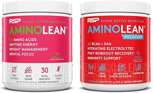 RSP NUTRITION AminoLean Energía preentrenamiento (sandía 30 porciones) con recuperación AminoLean después del entrenamiento Boost (Tropical Island