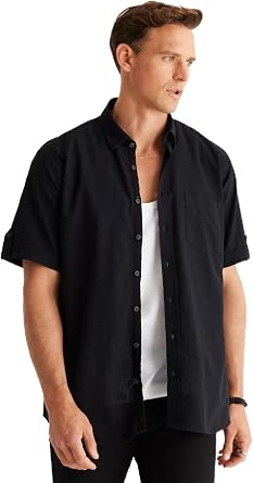 AC&Co / Altınyıldız Classics Comfort Fit Rahat Kesim Gizli Düğmeli Yaka Keten Görünümlü %100 Pamuk Flamlı Gömlek, Renk Siyah, Beden XL