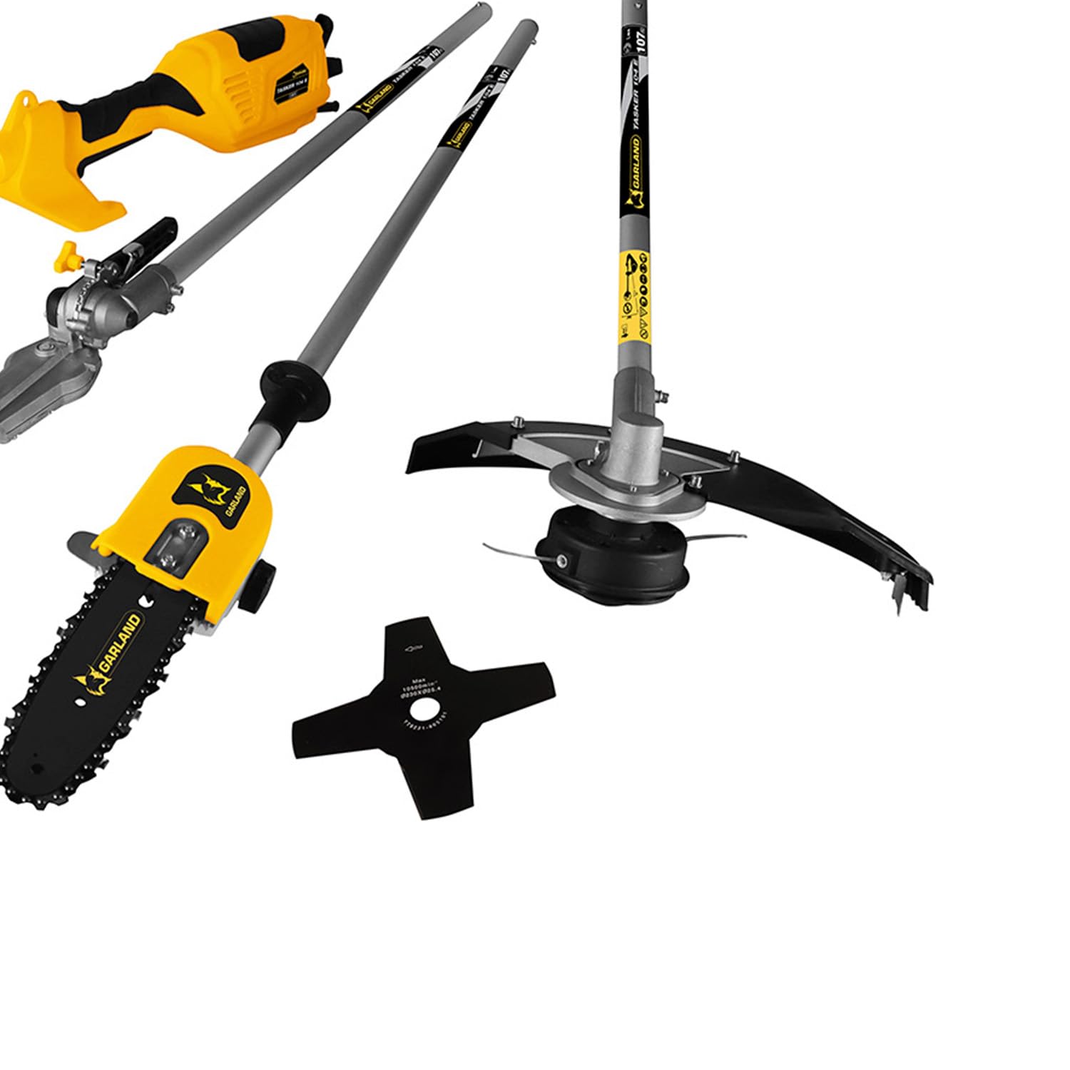 GARLAND DESBROZADORA ELÉCTRICA MULTIFUNCIÓN 1000W Tasker 104 E-V25 | 4 EN 1 con Cortasetos, Sierra DE PÉRTIGA, Disco E Hilo | Ligera Y Potente para JARDINERÍA DOMÉSTICA