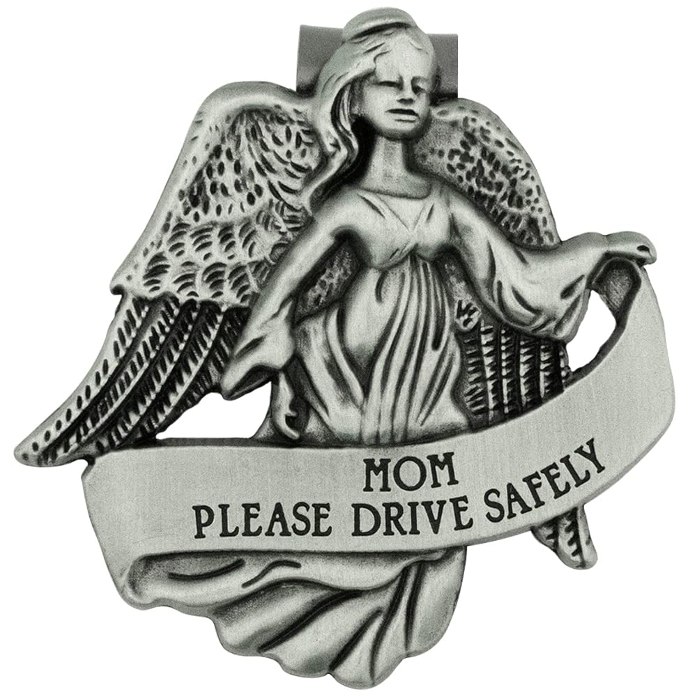 VILLAGE GIFT IMPORTERS Guardian Angel Visor Clip | Please Drive Safely | Mom or Dad | Includes Saint Christopher Prayer Card | Great Spiritual Car Décor | Christian Automotive Accessory (Grey - Mom)