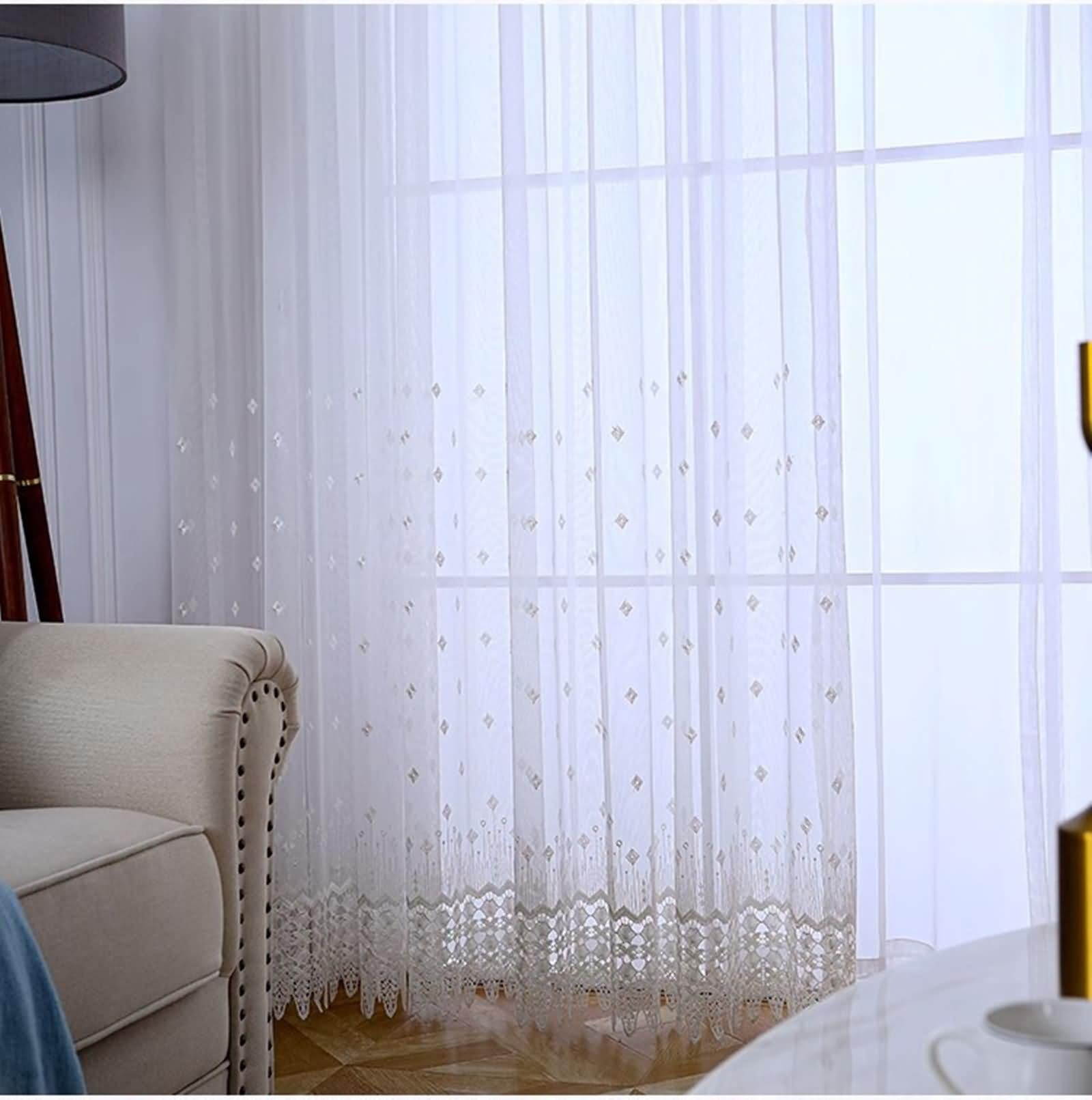 Küchengardinen Durchsichtig, Küchengardine Transparent Beige Weiß Spitzen Stickmuster Polyester Baumwolle 2er Set 96W x 138L cm