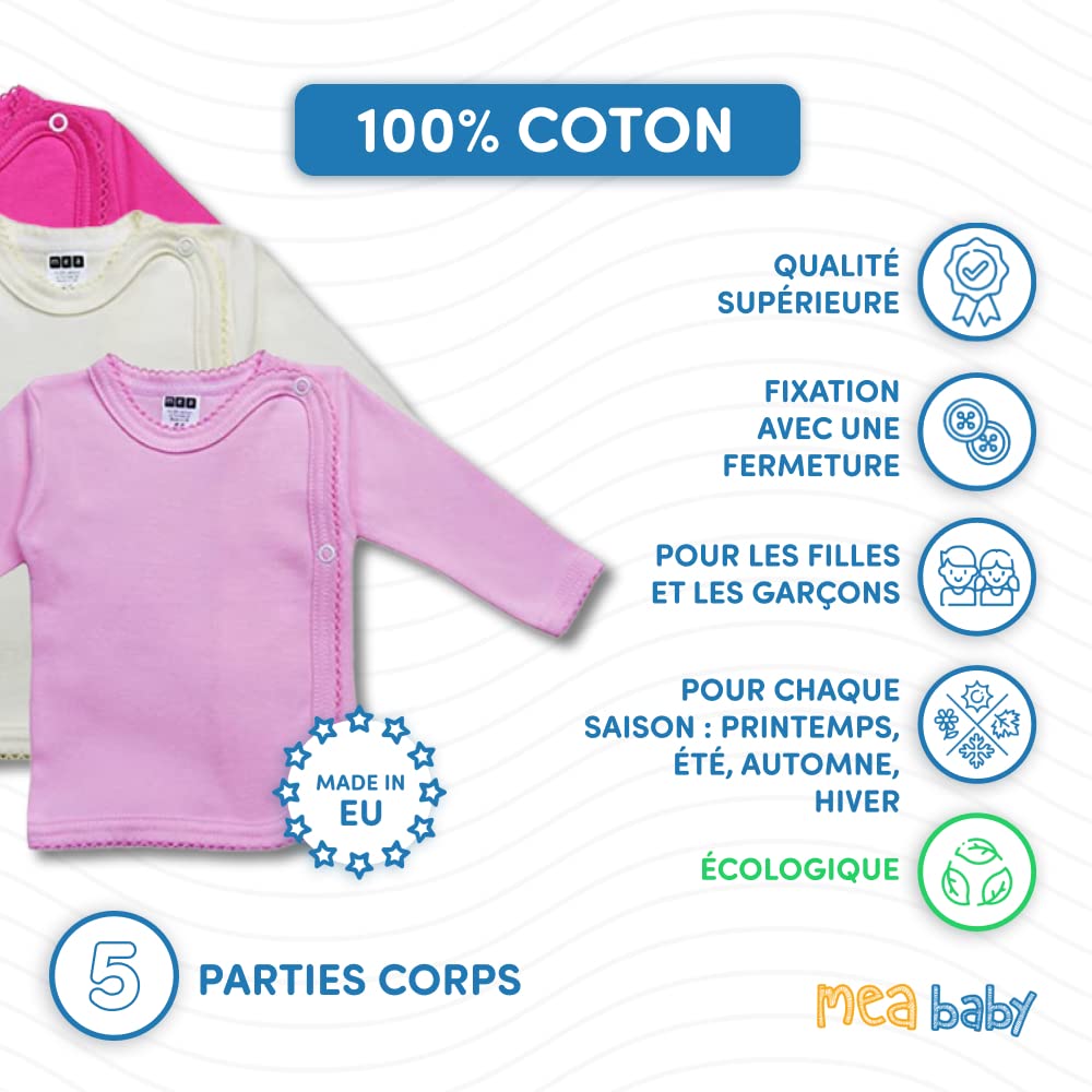 MEA BABY Chemise bébé Unisexe à Manches Longues 100% Coton, Lot de 5, pour Filles et garçons (Parent)