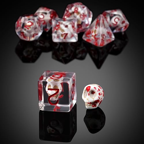 Miniatura 2 de Dados DND de calavera de sangre, juego de dados de resina de calavera DNDND con bolsa de terciopelo para juegos de rol y juegos de mesa (Dungeons