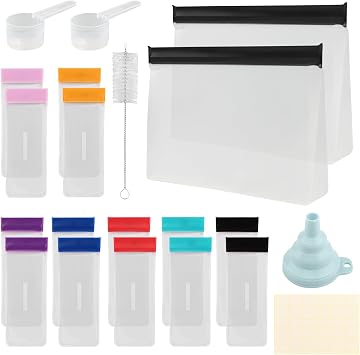 Protein Powder Travel Container Set, 21Pcs Leakproof Powder Dispensers Kit with Funnel, Portable 14pc Single Seal Bags with Labels Spoon and Brush, for Travel Fitness TripCOLORwhite, black