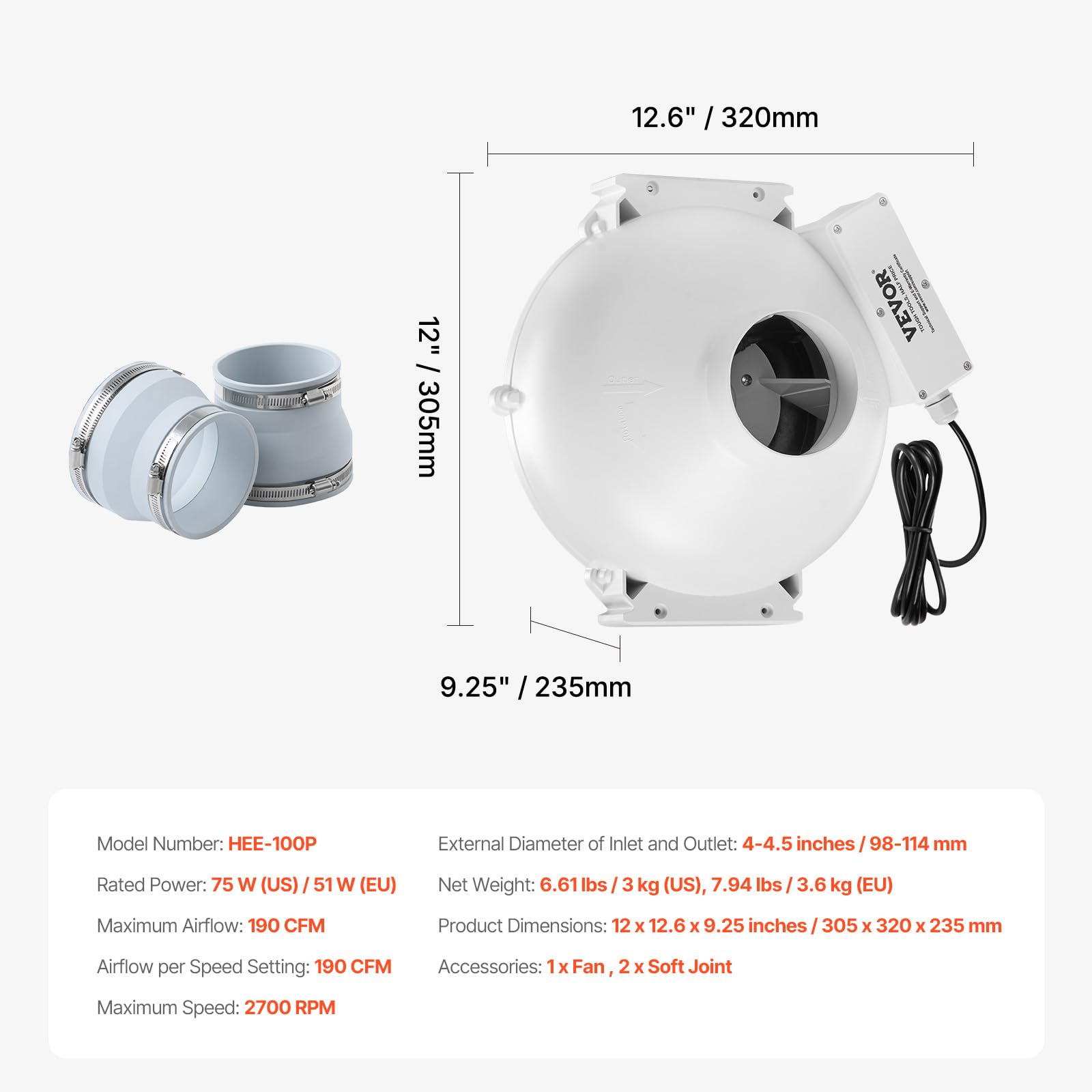 VEVOR Sistema de Ventilación para Mitigación Radón Silencioso, Kit de Mitigación de Radón 190 CFM con 2 Acopladores, Ventilador de Extracción para Ventilación Interior y Exterior, 305 x 320 x 235 mm