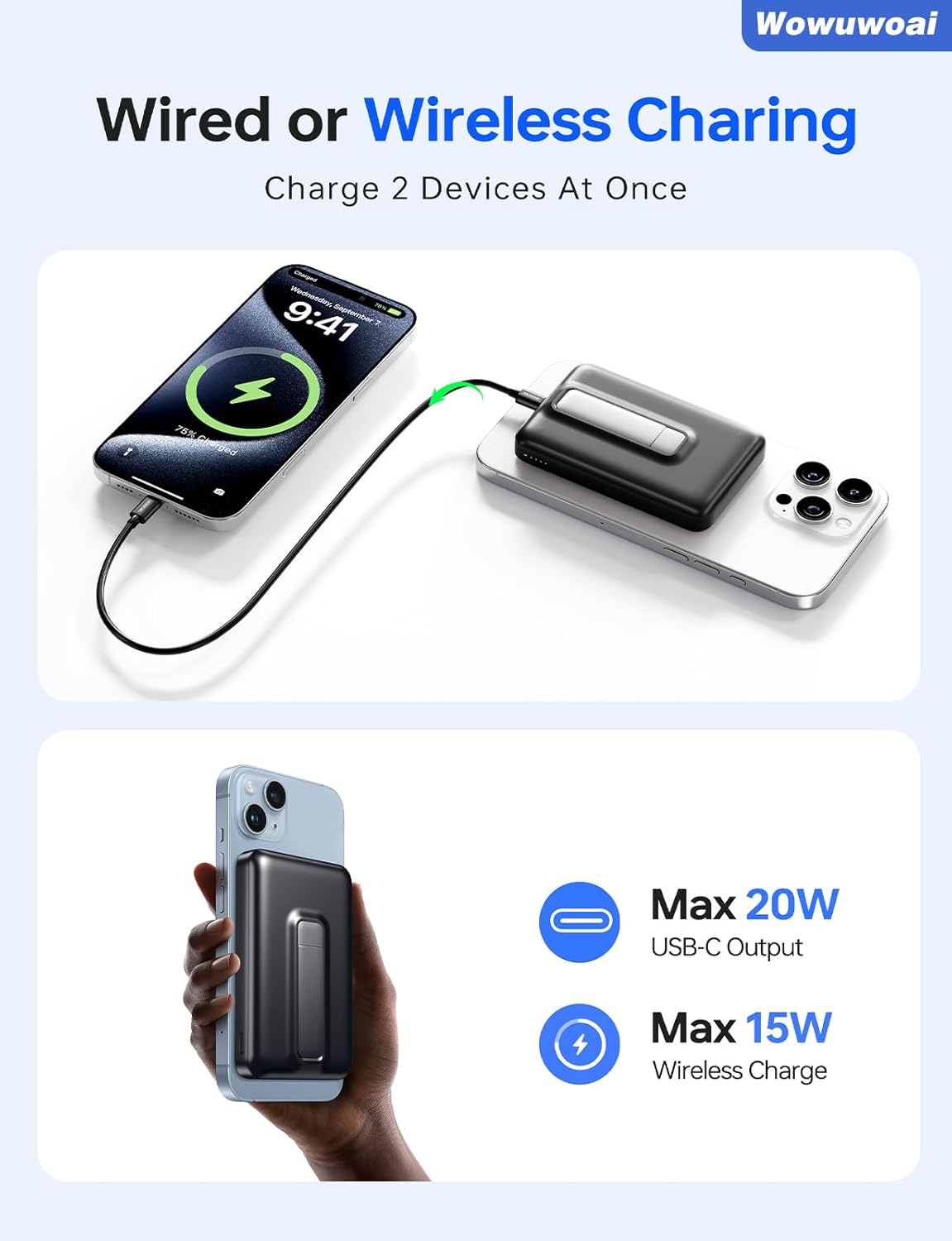for Magsafe Portable Charger, 10000mAh Wireless Power Bank with Stand and PD 20W, USB C Fast Charging Powerbank, Magnetic Battery Pack Compatible with iPhone 16/15/14/13/12 Pro/Pro Max Series - Image 4