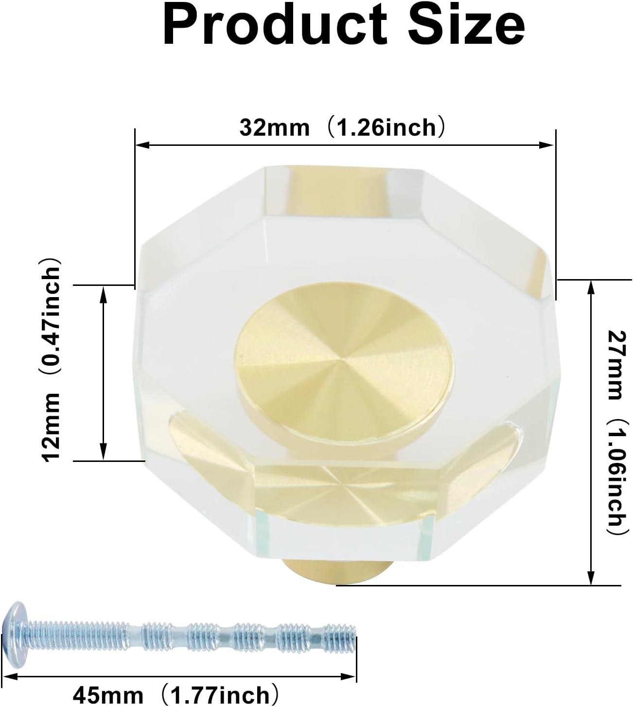 Murtenze 6-Pack Crystal Brass Knobs, White Cabinet Glass Knobs Brass Drawer Octagon Pulls, Gold Dresser Pulls for Kitchen Closet, Bifold Doors