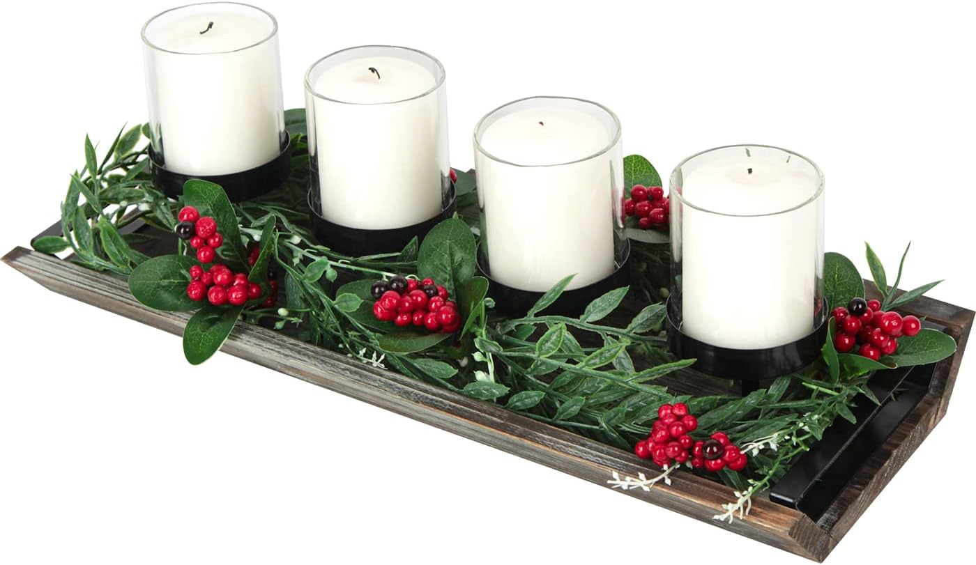 J JACKCUBE DESIGN Votive Candle Holder Center Piece for Table Decoration, 4 Glass Votive Cups On Rustic Wood Base, Tray for Wedding, Decoration, Dining Table with Metal Handles - MK538A
