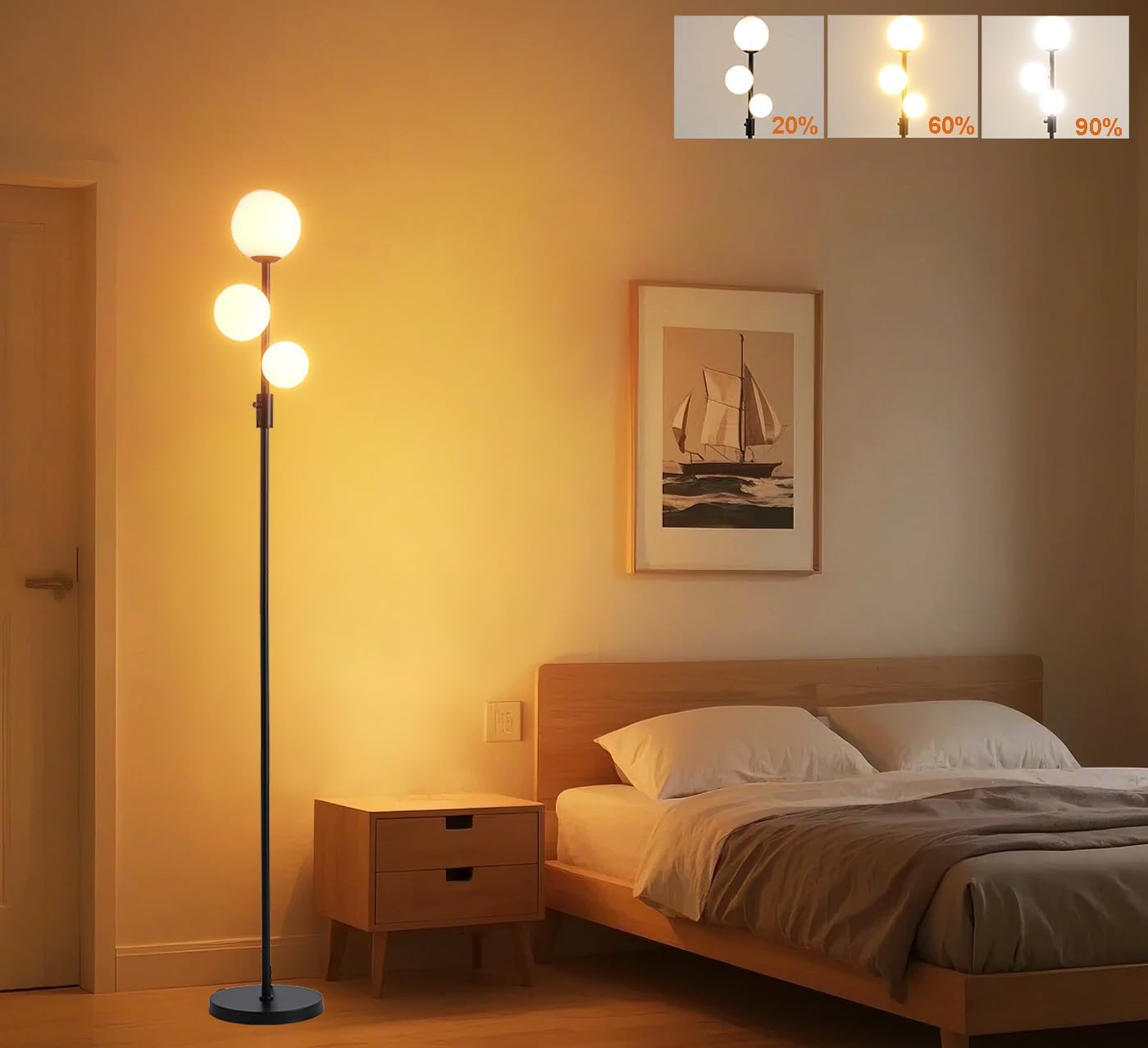 Fiqevs Upgraded Dimmable 3 Globe Mid Century Modern Floor Lamp, 3 x 3000K Warm Light LED Bulbs Included, Matt Black Standing Lamp with Sphere Glass Shade, Vintage Tall Lamp for Living Room, Bedroom