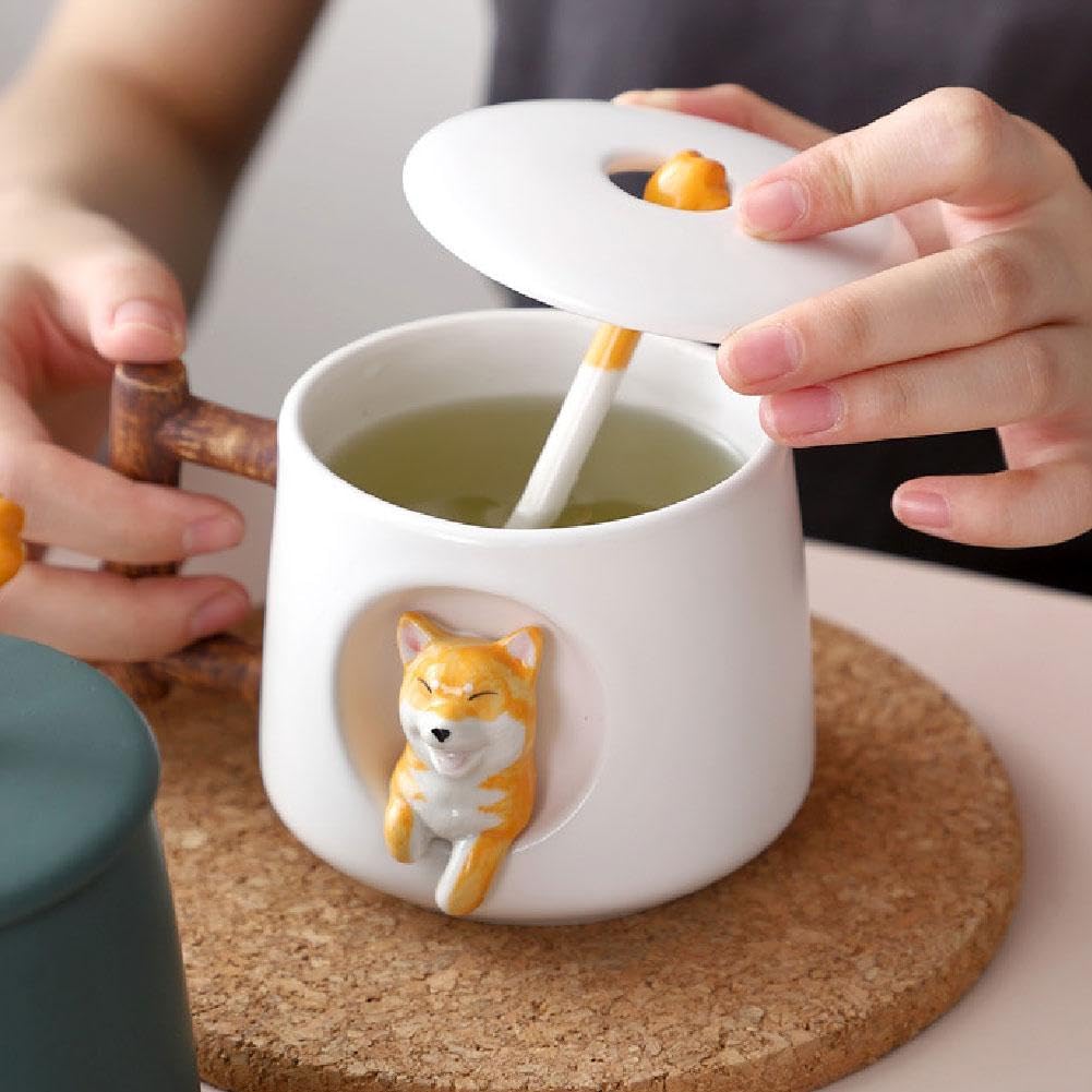 Śliczny kubek Corgi-420 ml 3D nowość ceramiczny kubek do kawy z pokrywką i łyżeczką-idealny prezent dla miłośników psów(Black,Head)