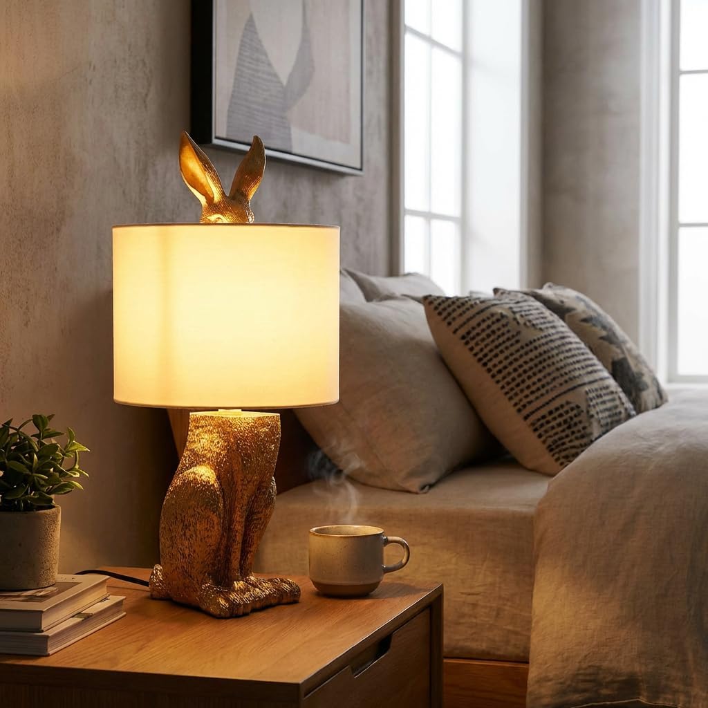 TFCFL Modern Golden Rabbit Table Lamp, Creative Cute Bunny Desk Light for Bedroom Bedside, Office, Living, Dining & Study Room, E26 Bulb Base, 60W Max (Bulb Not Included)