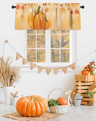 Miniatura 2 de Cenefas de cortina de calabaza de otoño para ventanas, hojas de arce de Acción de Gracias, cenefa con bolsillo para barra, cortinas de ventana