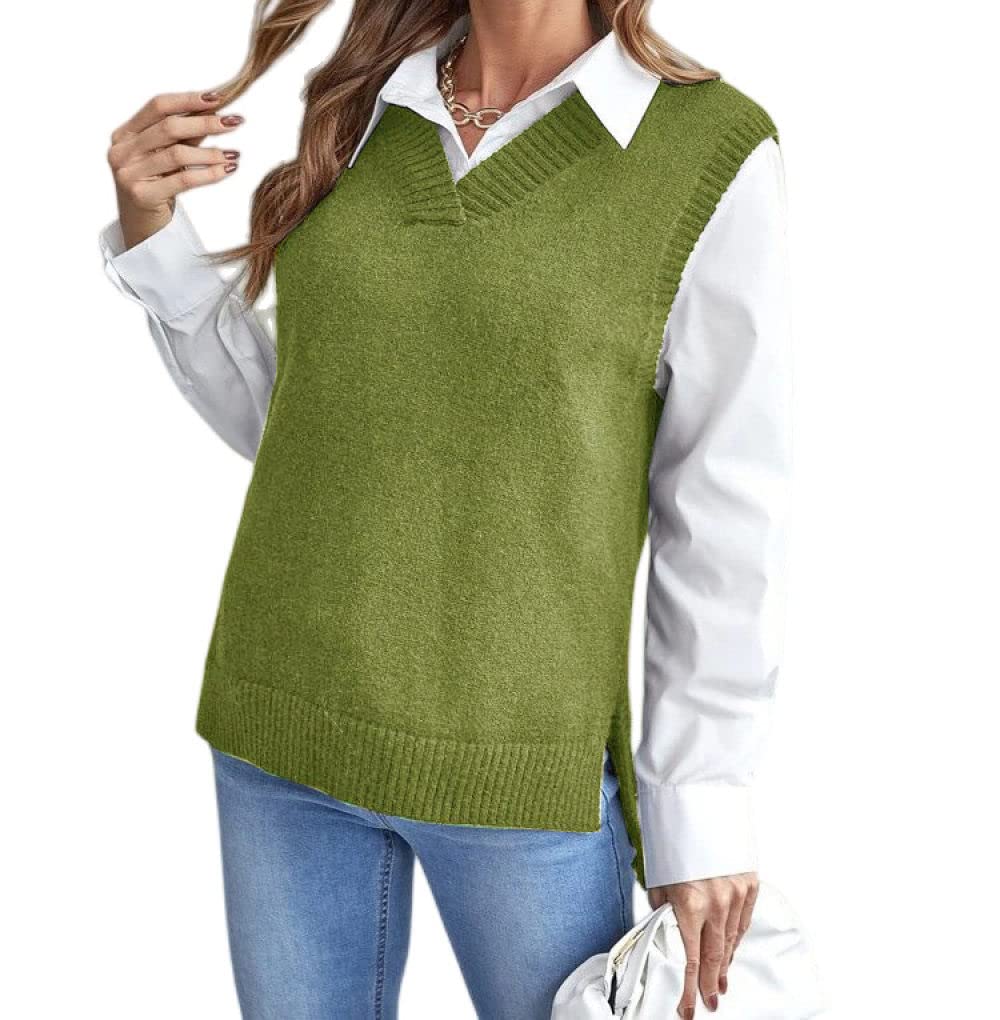 OZEO Maglioni Gilet,Gilet da Donna Semplice Verde Classico A Costine Spacco Laterale Lavorato A Maglia Fine Gilet Scollo A V Senza Maniche Tinta Unita Maglioni Gilet Canotte per Ragazze da Donna,S