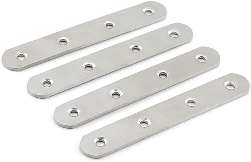 Miniatura 6 de Paquete de 4 placas planas de reparación para madera, soportes rectos de acero inoxidable de 5.118 in / 5 pulgadas de longitud, 4 orificios