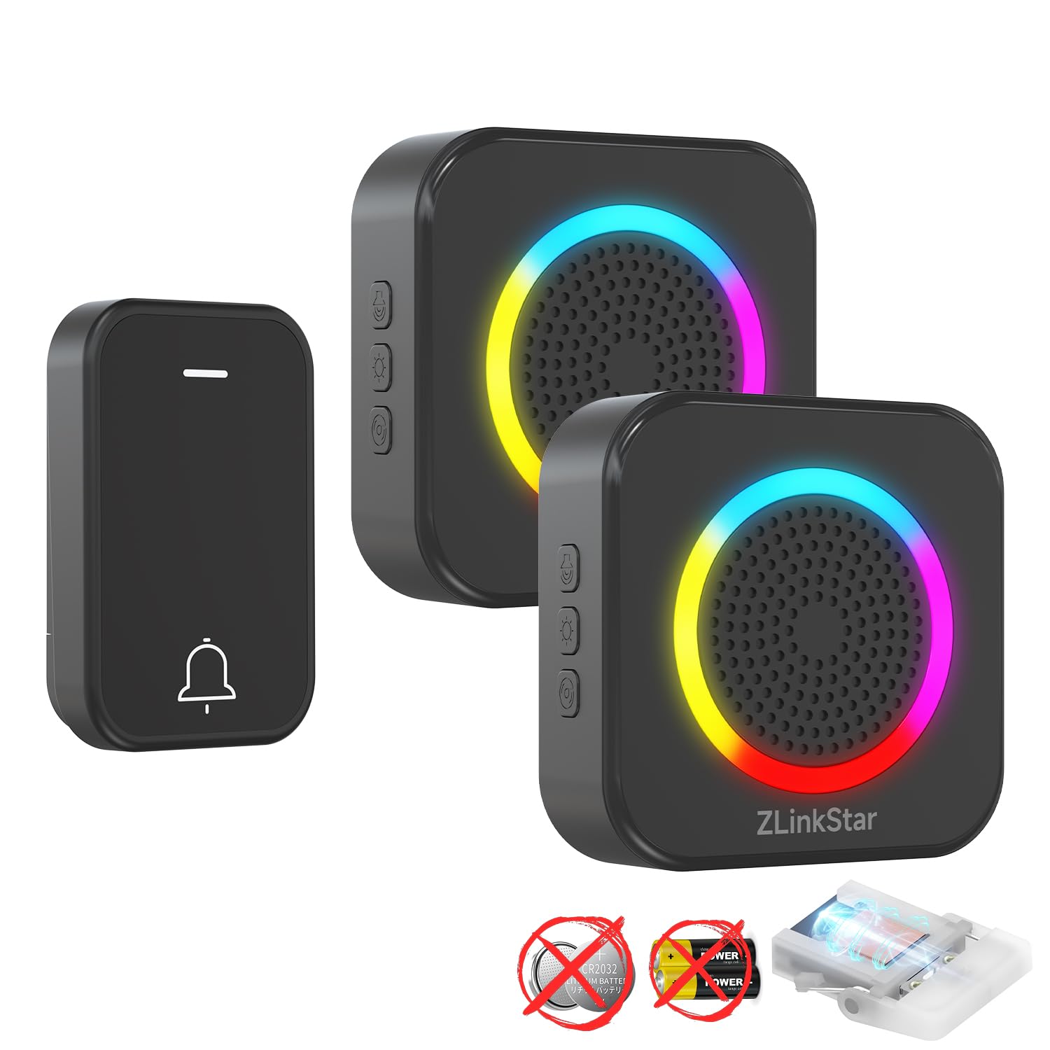 ZLinkStar Doorbell Wireless No Battery Needed,Self-Powered Wireless Door Bells Range 600ft,63 Chimes,4 Volume Levels with RGB Lighting,Waterproof Doorbell for Home/Classroom/Office(Black013-1-2)