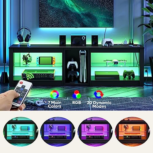 Bestier TV Stand for 70 inch TV with Power Outlets, LED Entertainment Center for PS5, Gaming TV Consoles with Glass Shelves for Living Room, 63'' Inch, Black Carbon Fiber - Image 5