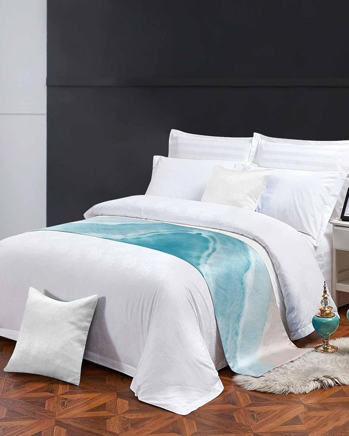 Turquoise Bed Runner Scarf Bedding Accessory For Queen Size Bed,Soft Bed Scarves And Runners Stainproof Dustproof Bedroom Decor For Hotel Wedding Room,Coastal Ocean Sea Wave Abstract Geometric 94"x20"