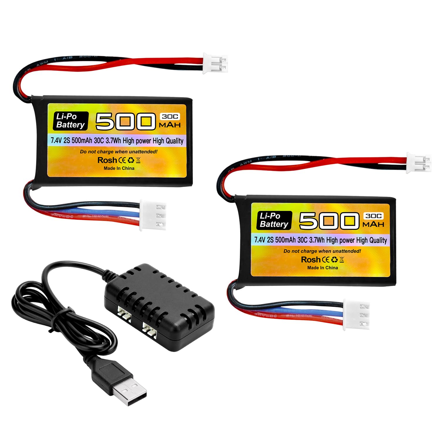 2PCS 7.4V 500mAh 30C LipoバッテリPH2.0プラグ付き+1充2充電器 用のAX24 SCX24リモコンカーモデルバッテリー互換大多数1/10、1/16、1/18、1/24スケールリモコンカートラック
