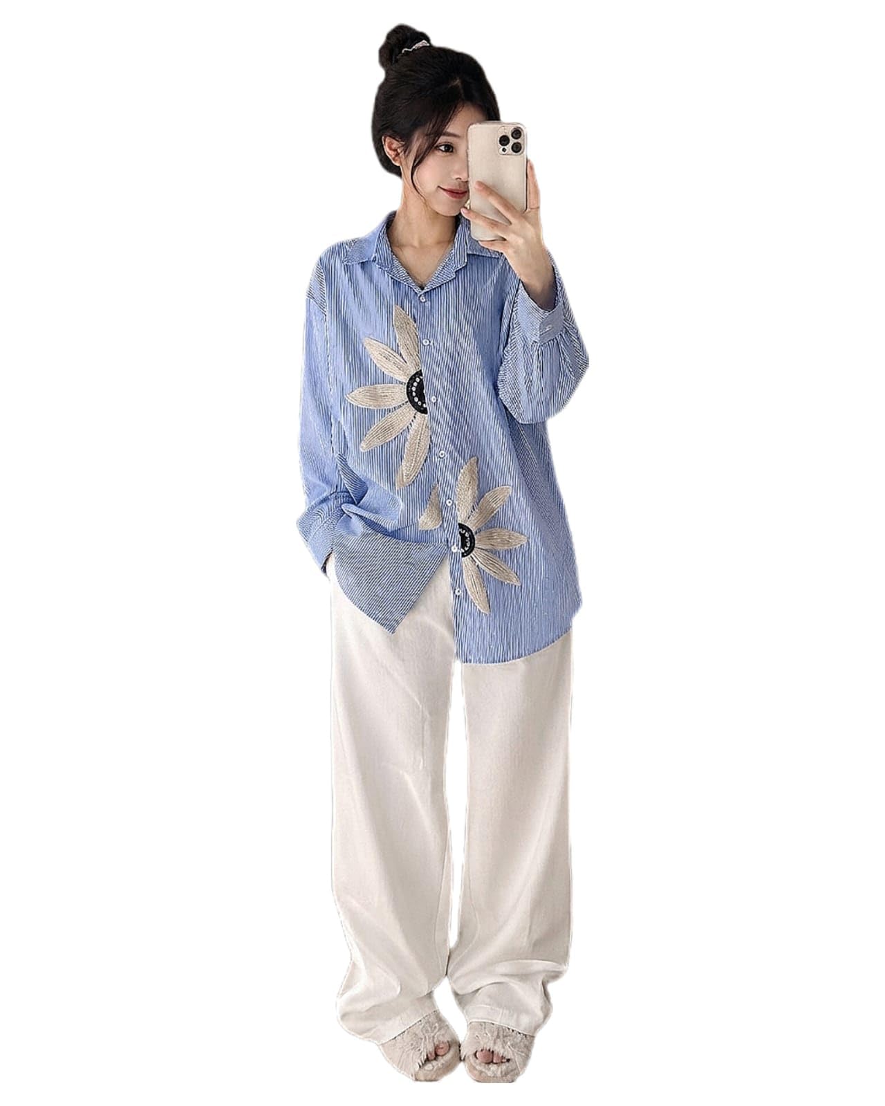 Premium Striped Oversized Shirt with Floral Embroidery and Wide-Leg Trousers Co-ord Set-image-19