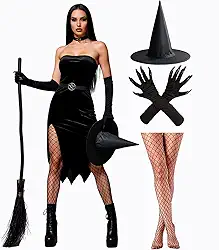 Kit Fantasia Bruxa Adulta Feminina de Halloween Barata Chapéu Preto Luva com Garra e Meia Calça Arrastão